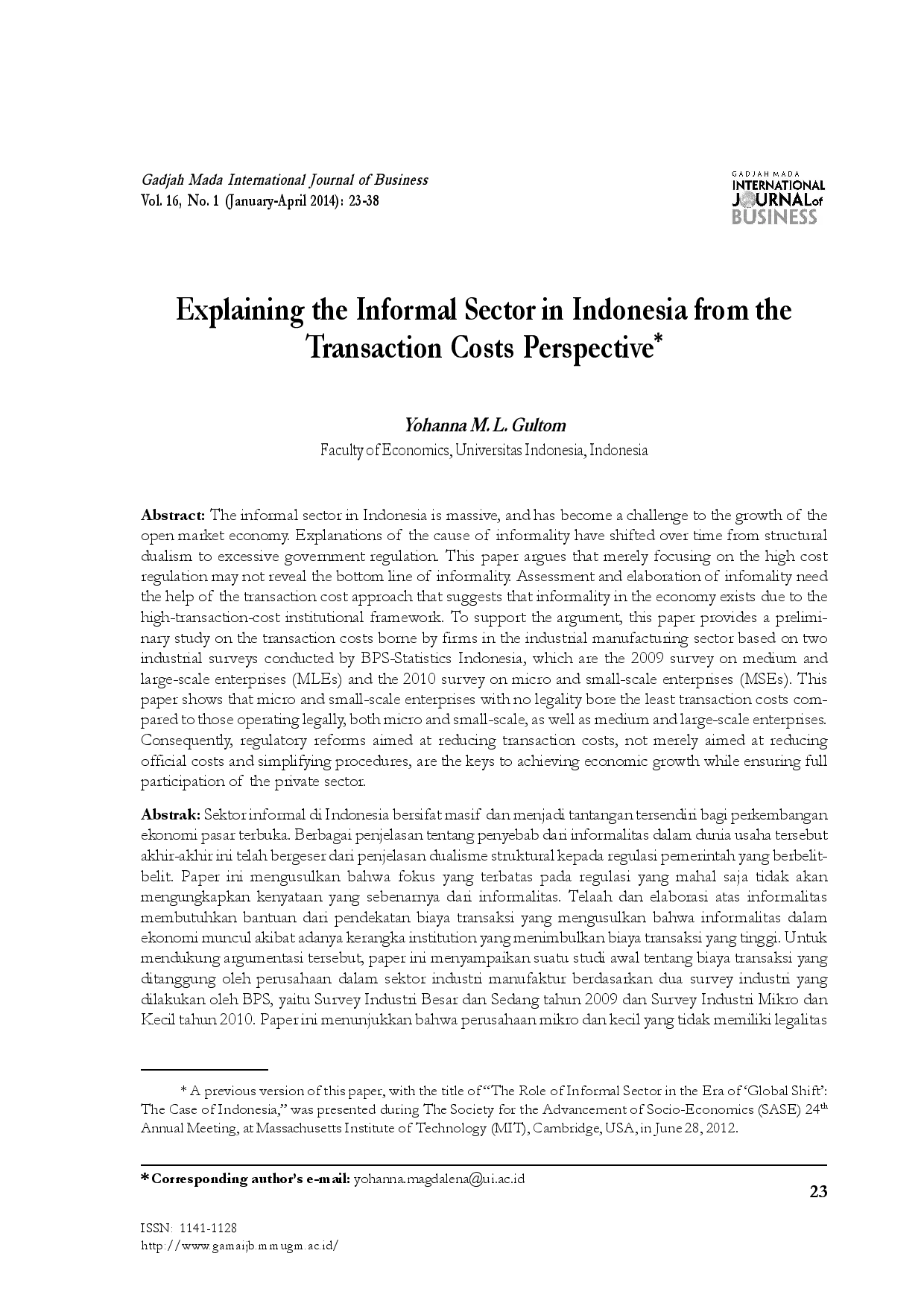 juris Explaining the Informal Sector in Indonesia from the Transaction Costs Perspective