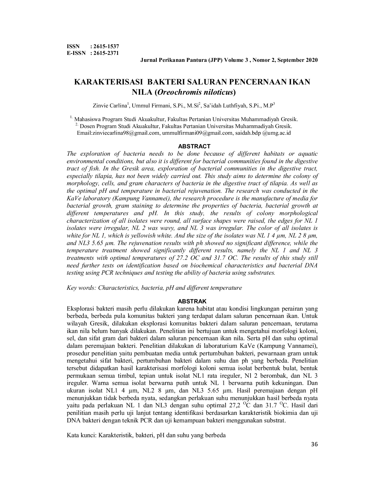 JURIS Karakterisasi Bakteri Saluran Pencernaan Ikan Nila Oreochromis Niloticus