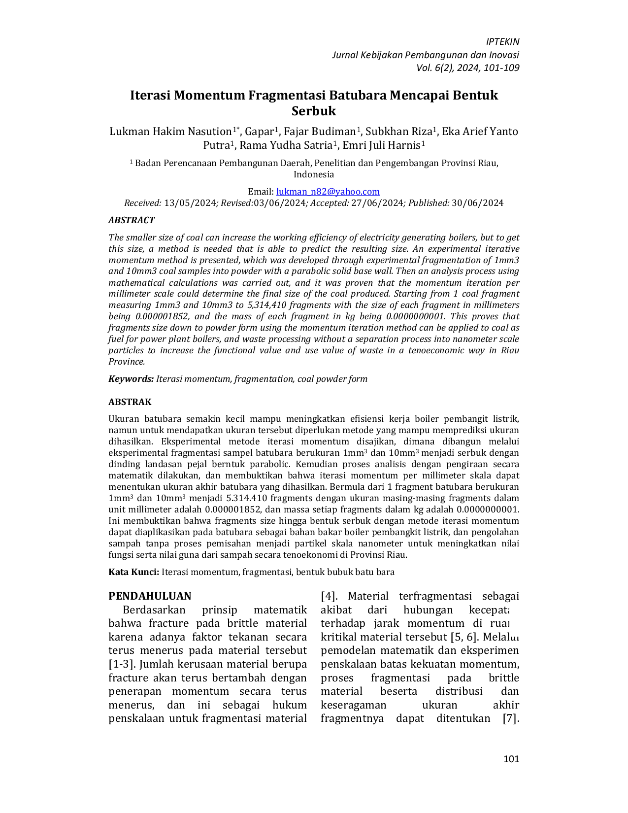 JURIS Iterasi Momentum Fragmentasi Batubara Mencapai Bentuk Serbuk