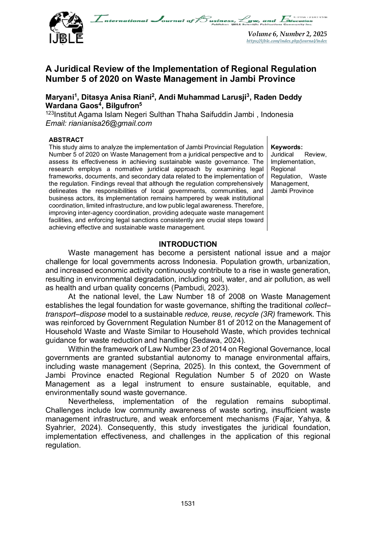 JURIS A Juridical Review of the Implementation of Regional Regulation Number 5 of 2020 on Waste Management in Jambi Province