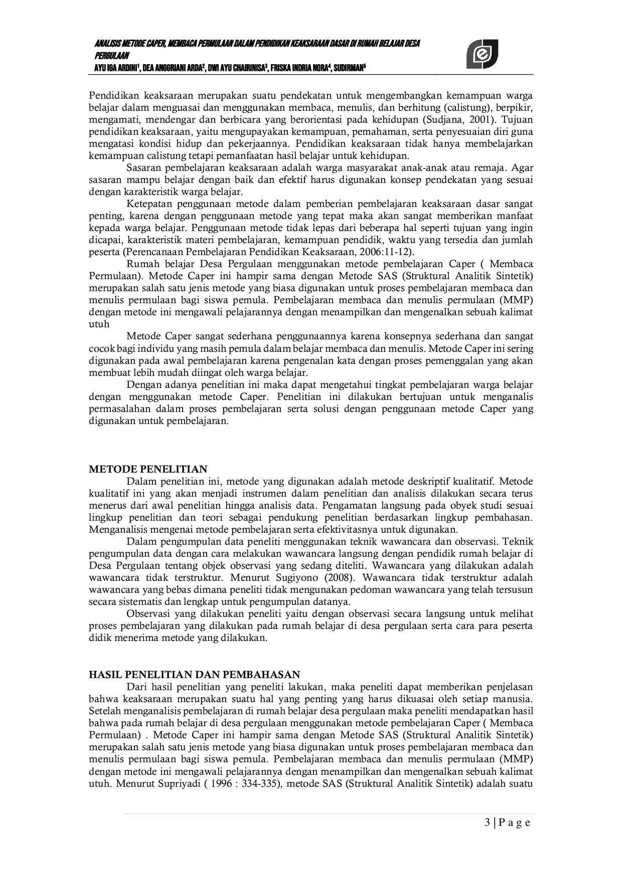 JURIS Analisis Metode Caper Membaca Permulaan Dalam Pendidikan Keaksaraan Dasar di Rumah Belajar Desa Pergulaan