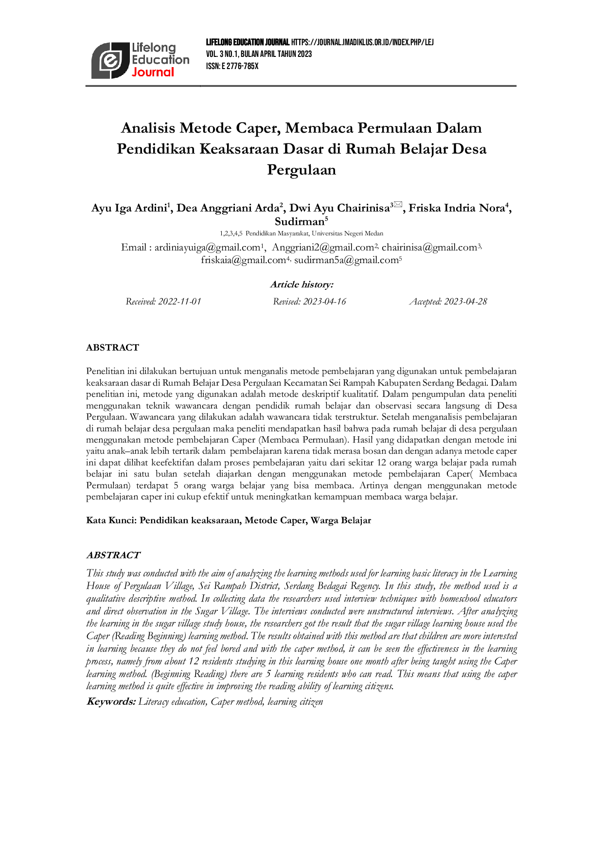 JURIS Analisis Metode Caper Membaca Permulaan Dalam Pendidikan Keaksaraan Dasar di Rumah Belajar Desa Pergulaan