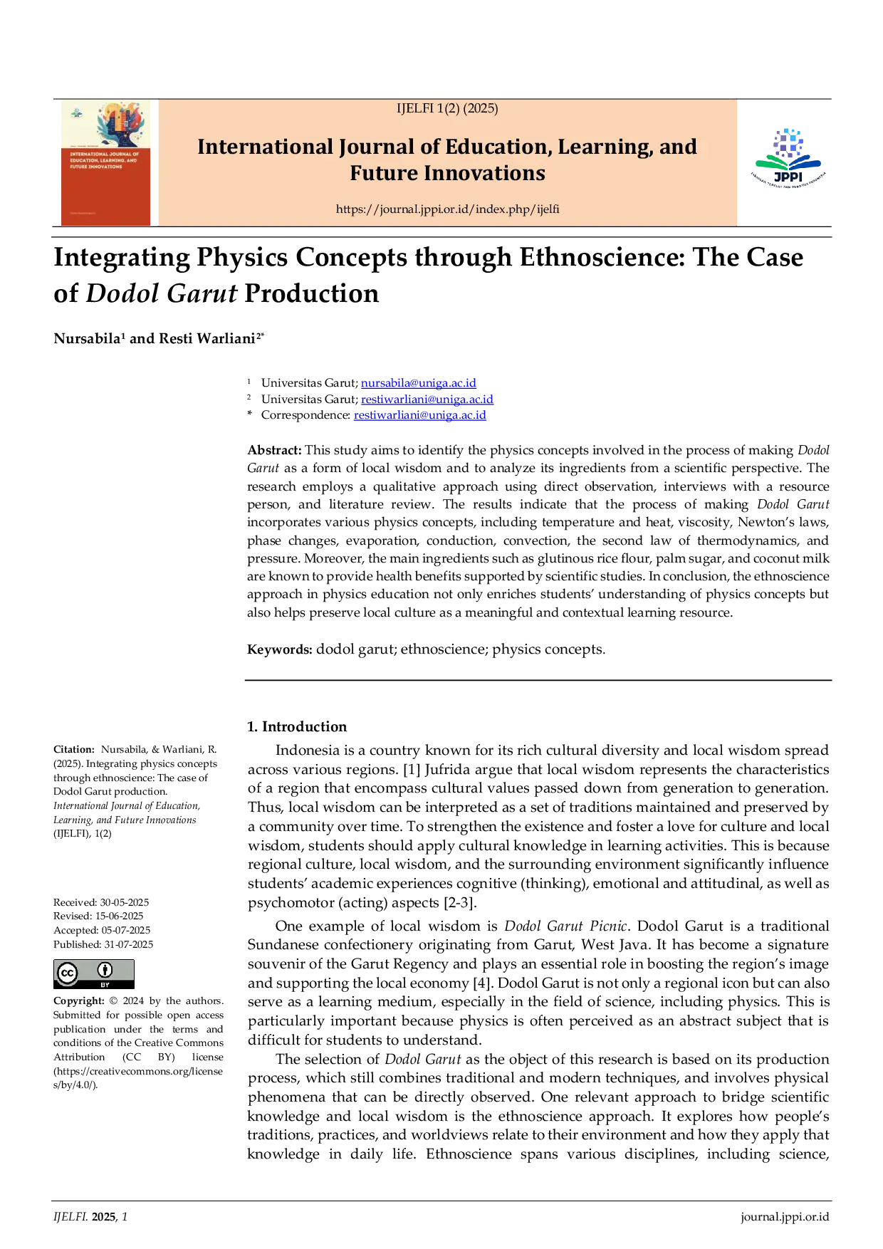 JURIS Integrating Physics Concepts through Ethnoscience The Case of Dodol Garut Production