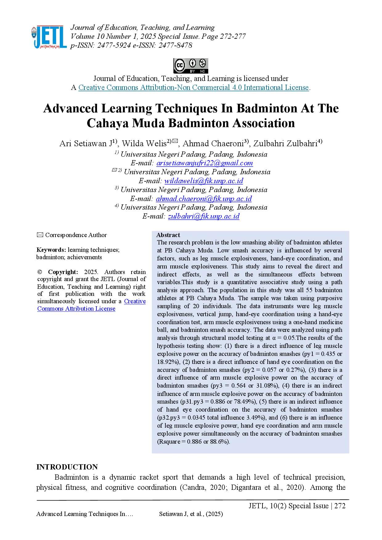 juris Advanced Learning Techniques In Badminton At The Cahaya Muda Badminton Association