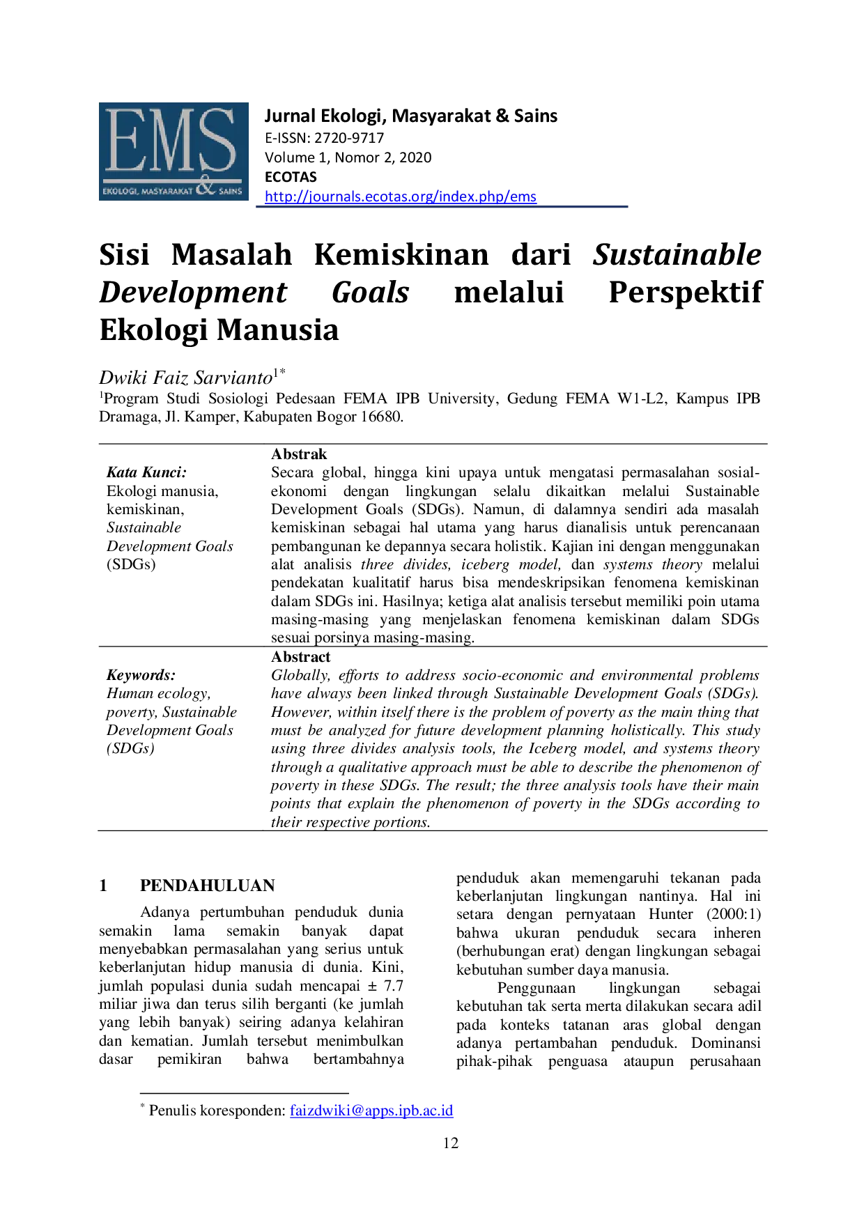 JURIS Sisi Masalah Kemiskinan dari Sustainable Development Goals Melalui Perspektif Ekologi Manusia