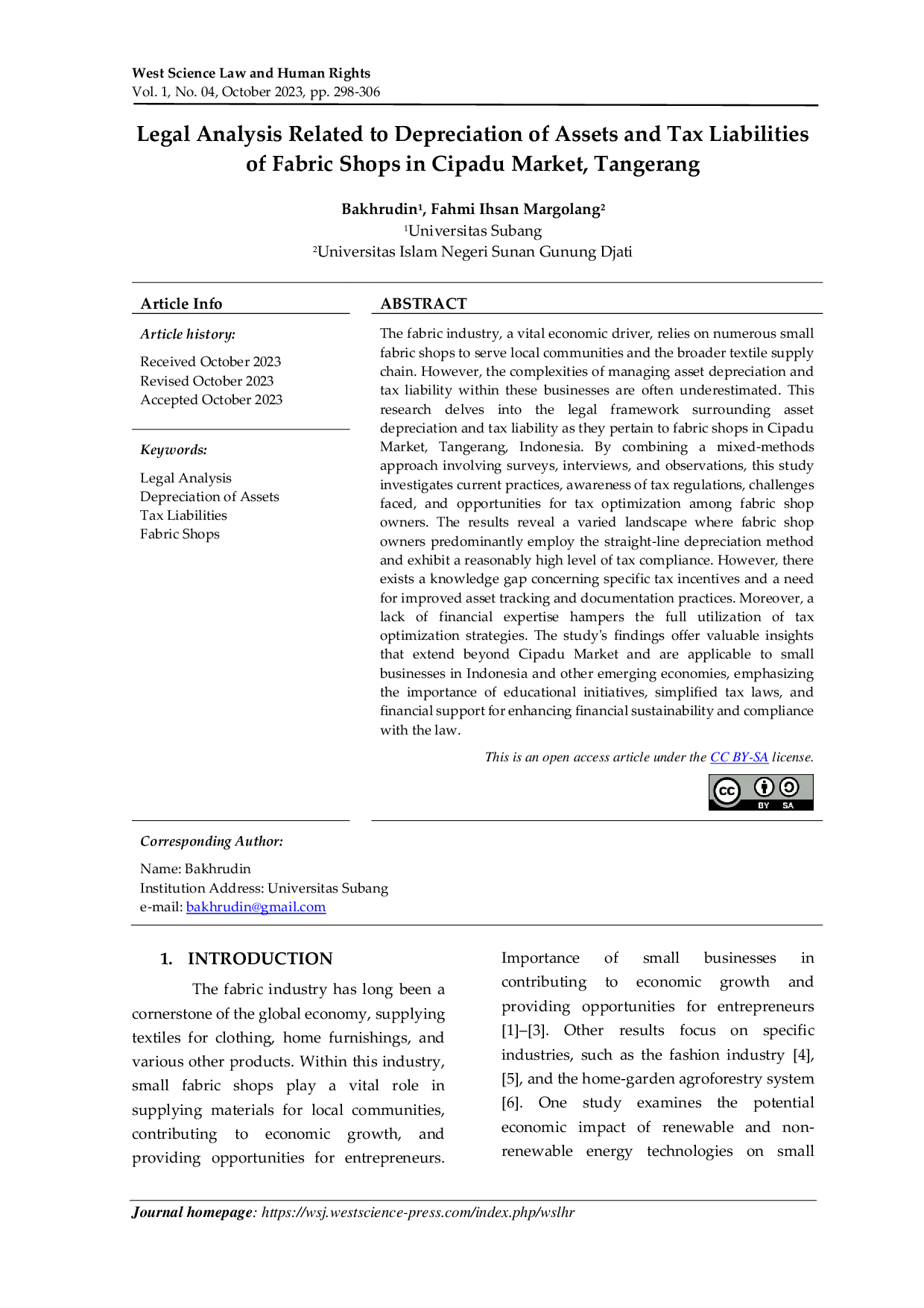 JURIS Legal Analysis Related to Depreciation of Assets and Tax Liabilities of Fabric Shops in Cipadu Market Tangerang