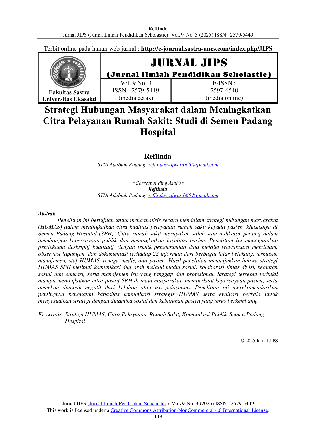 JURIS Strategi Hubungan Masyarakat dalam Meningkatkan Citra Pelayanan Rumah Sakit Studi di Semen Padang Hospital