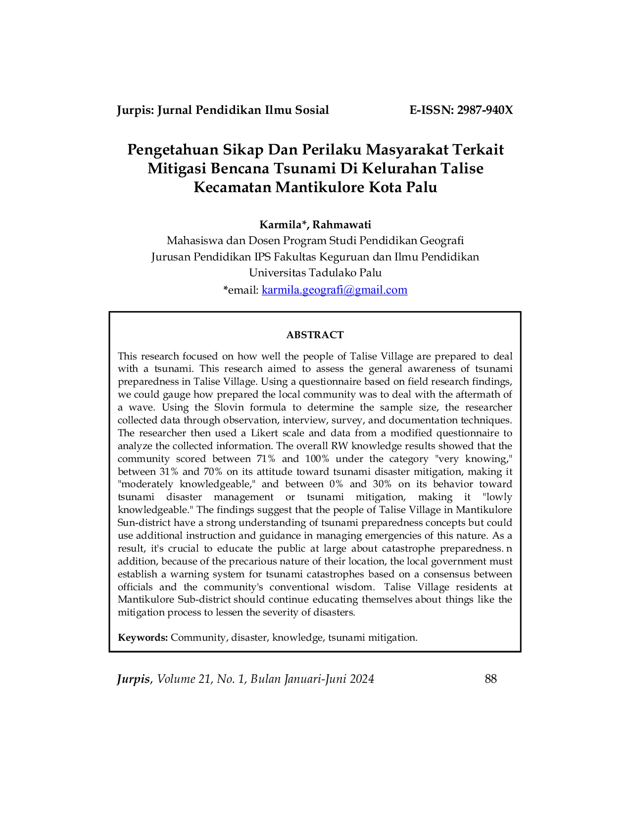 JURIS Pengetahuan Sikap Dan Perilaku Masyarakat Terkait Mitigasi Bencana Tsunami Di Kelurahan Talise Kecamatan Mantikulore Kota Palu