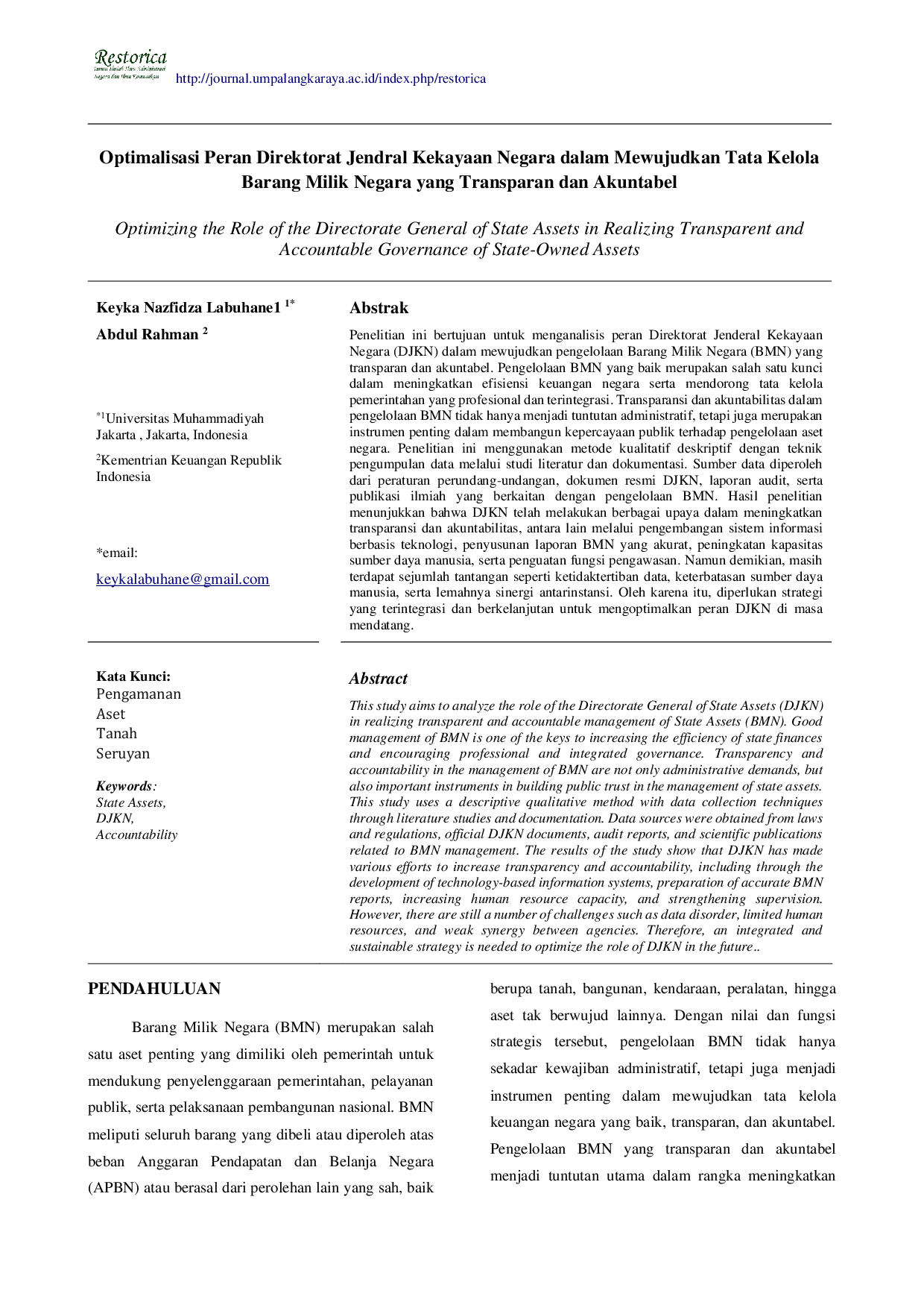 JURIS Optimalisasi Peran Direktorat Jendral Kekayaan Negara dalam Mewujudkan Tata Kelola Barang Milik Negara yang Transparan dan Akuntabel