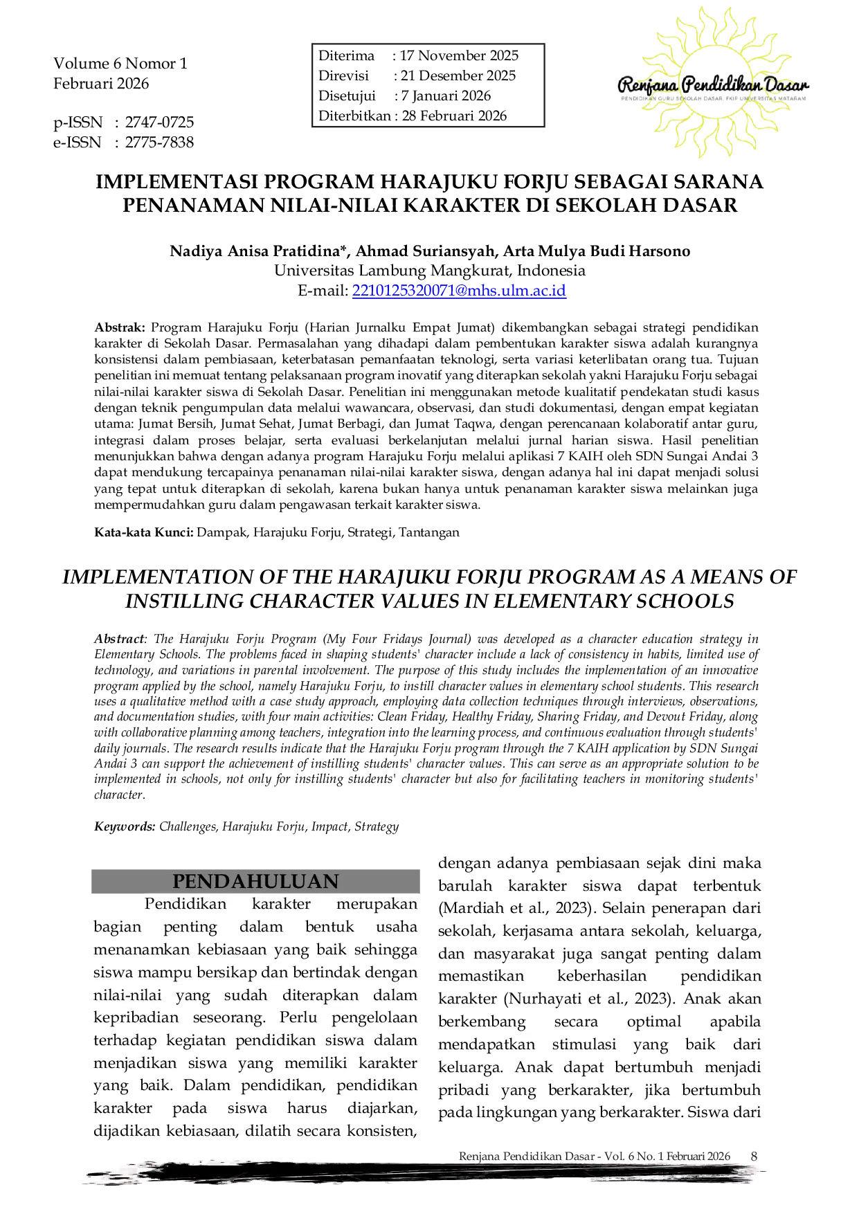 JURIS Implementasi Program Harajuku Forju Sebagai Sarana Penanaman Nilai Nilai Karakter Di Sekolah Dasar