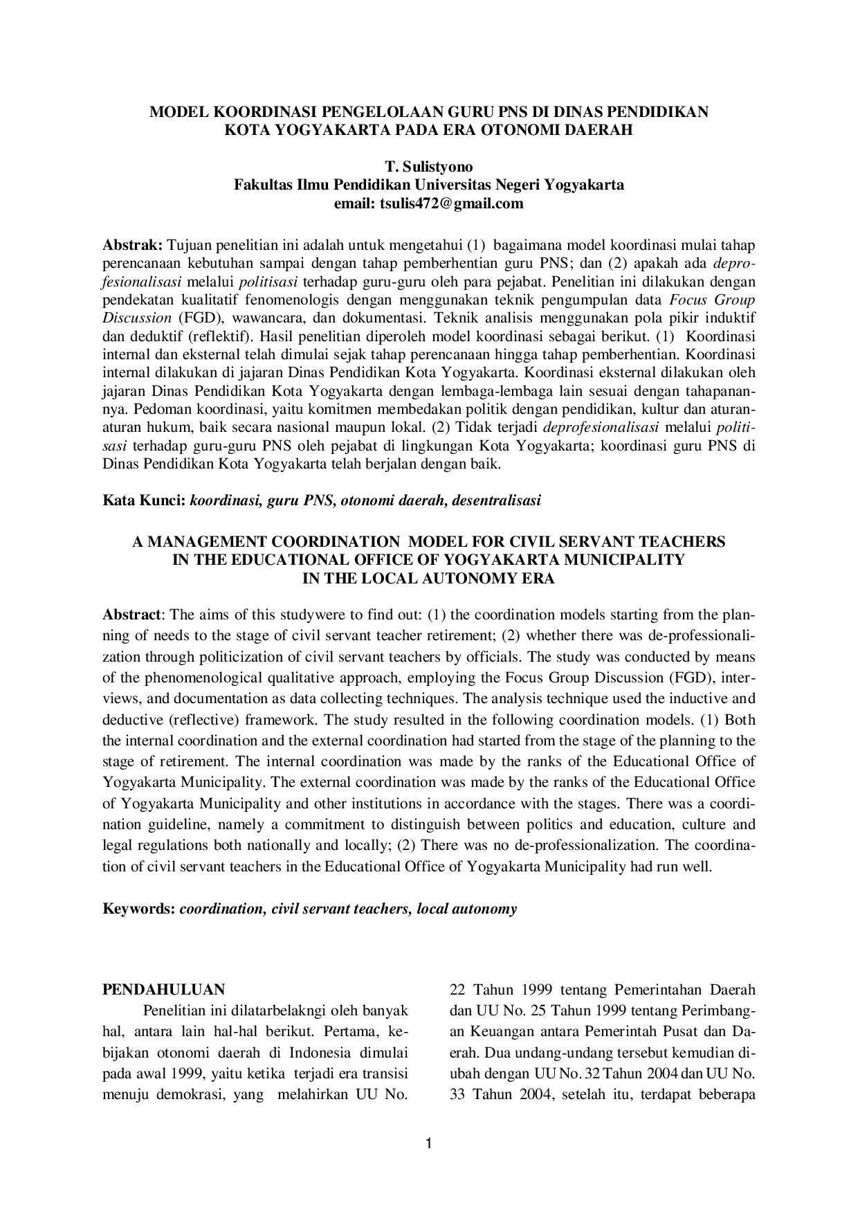 juris Model Koordinasi Pengelolaan Guru Pns Di Dinas Pendidikan Kota Yogyakarta Pada Era Otonomi Daerah