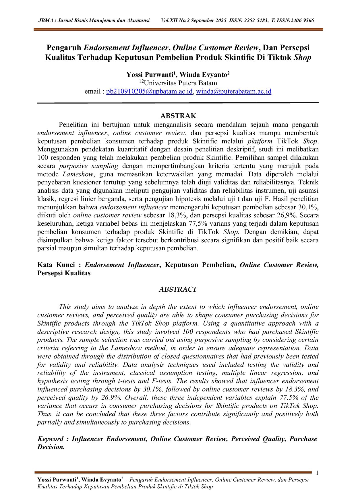 JURIS Pengaruh Endorsement Influencer Online Customer Review Dan Persepsi Kualitas Terhadap Keputusan Pembelian Produk Skintific Di Tiktok Shop
