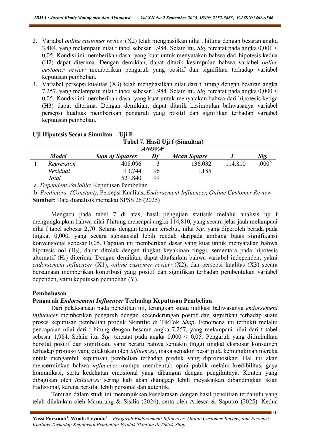 JURIS Pengaruh Endorsement Influencer Online Customer Review Dan Persepsi Kualitas Terhadap Keputusan Pembelian Produk Skintific Di Tiktok Shop