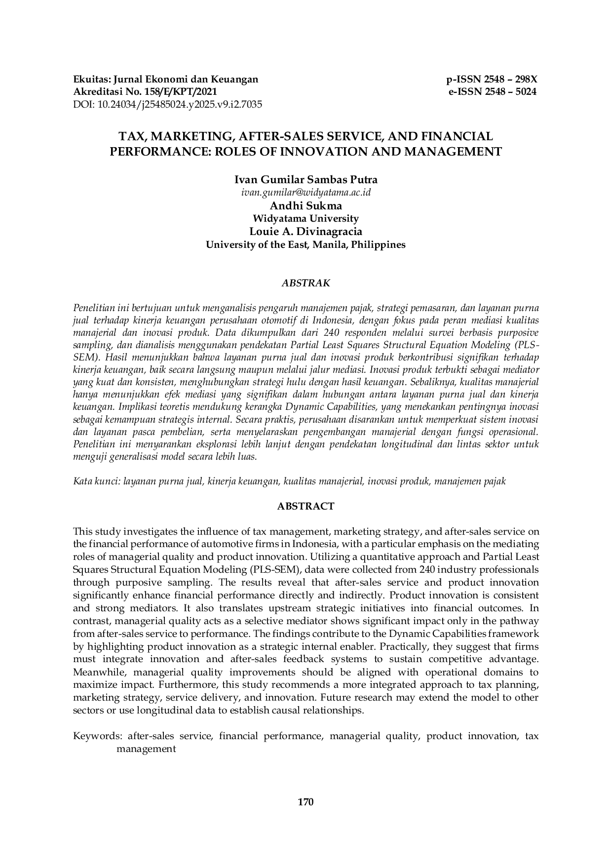 JURIS Tax Marketing After Sales Service and Financial Performance Roles of Innovation and Management
