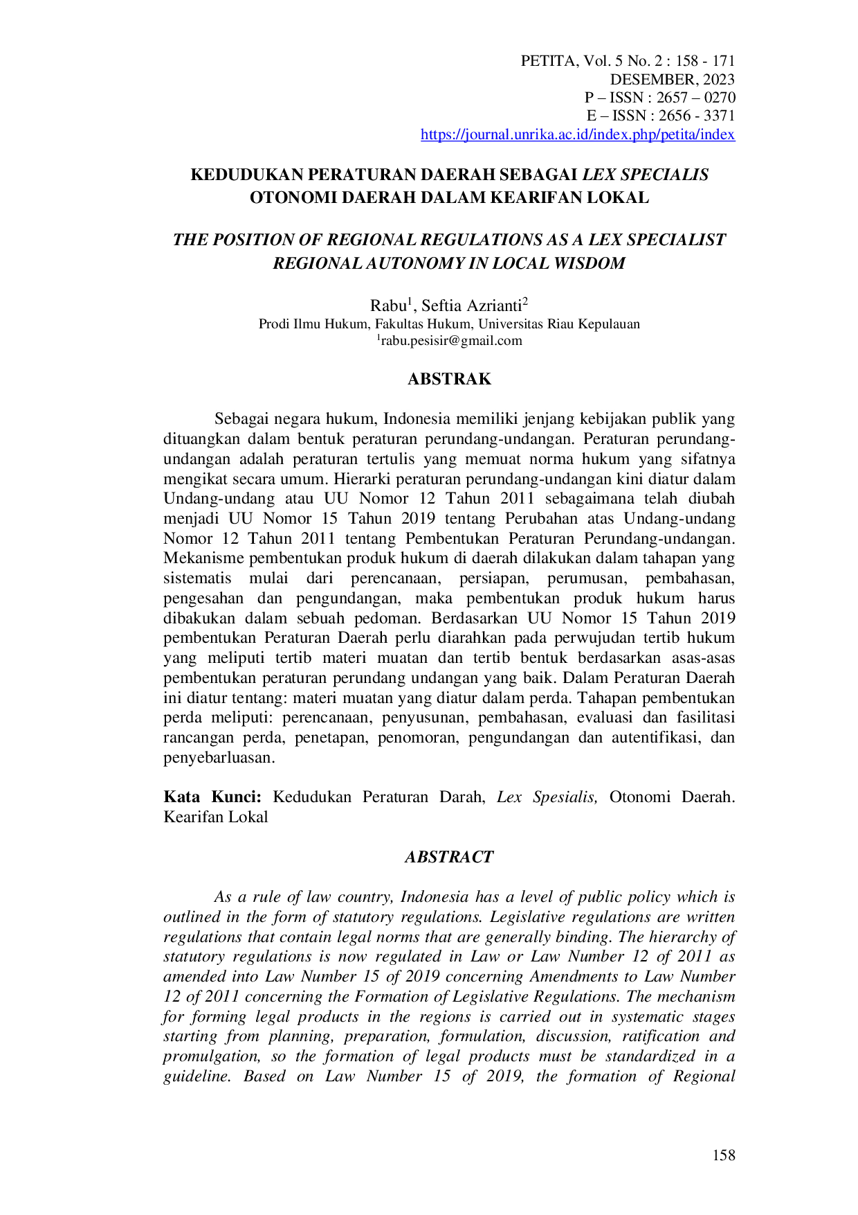 JURIS Kedudukan Peraturan Daerah Sebagai Lex Specialis Otonomi Daerah Dalam Kearifan Lokal