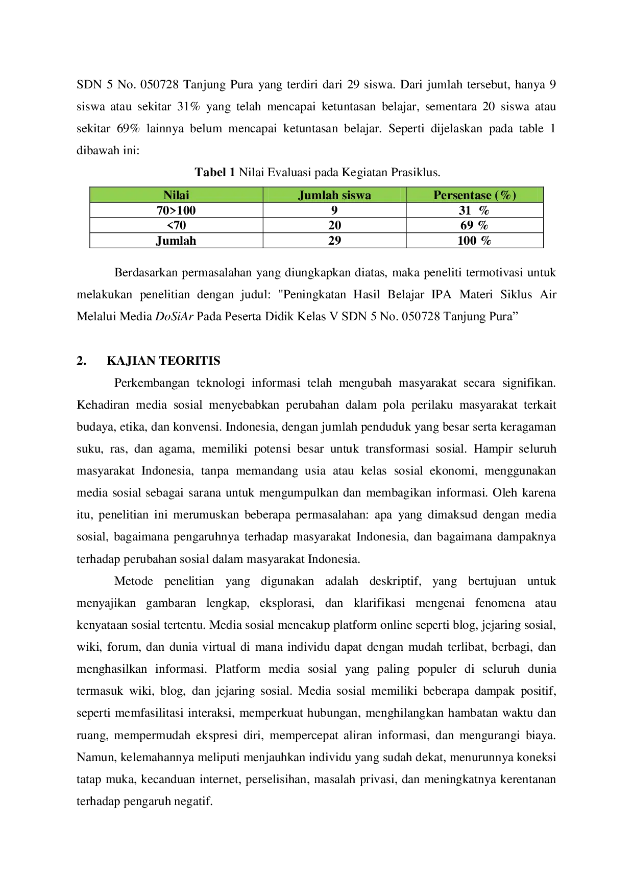 JURIS Peningkatan Hasil Belajar IPA Materi Siklus Air Melalui Media DoSiAr Pada Peserta Didik Kelas V SDN 5 No 050728 Tanjung Pura