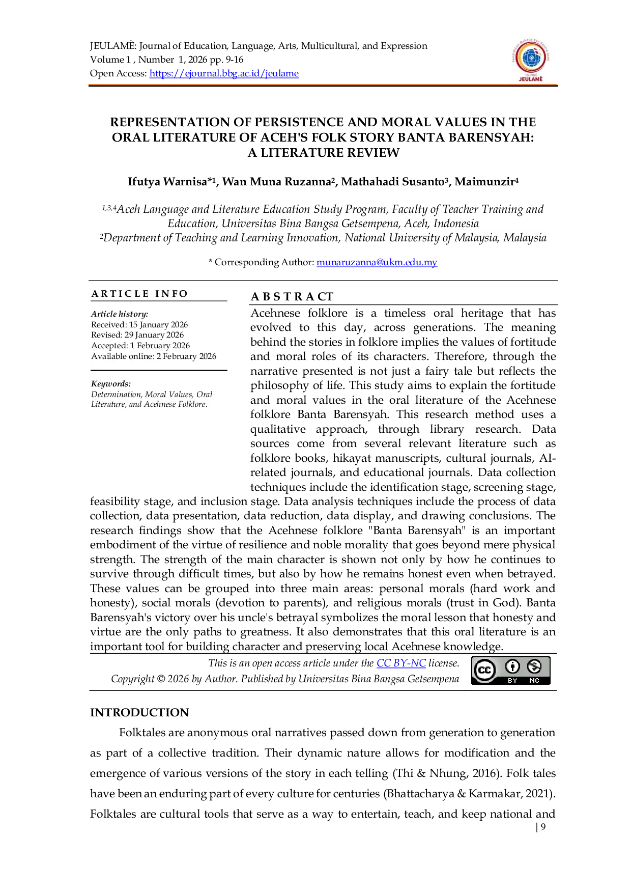 JURIS Representation of Persistence and Moral Values in the Oral Literature of Aceh s Folk Story Banta Barensyah A Literature Review