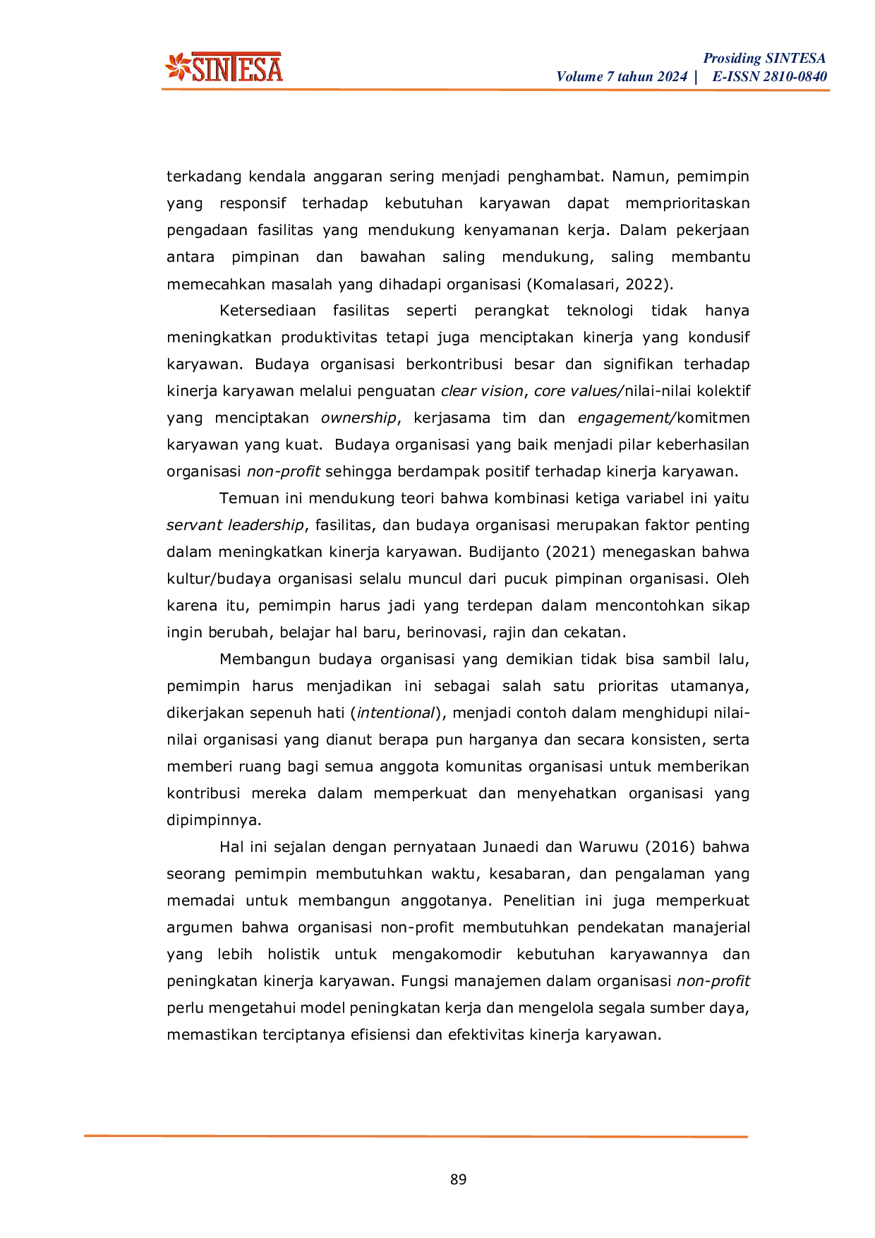 JURIS Pengaruh Servant Leadership Fasilitas Dan Budaya Organisasi Terhadap Kinerja Karyawan Di Compassion Indonesia