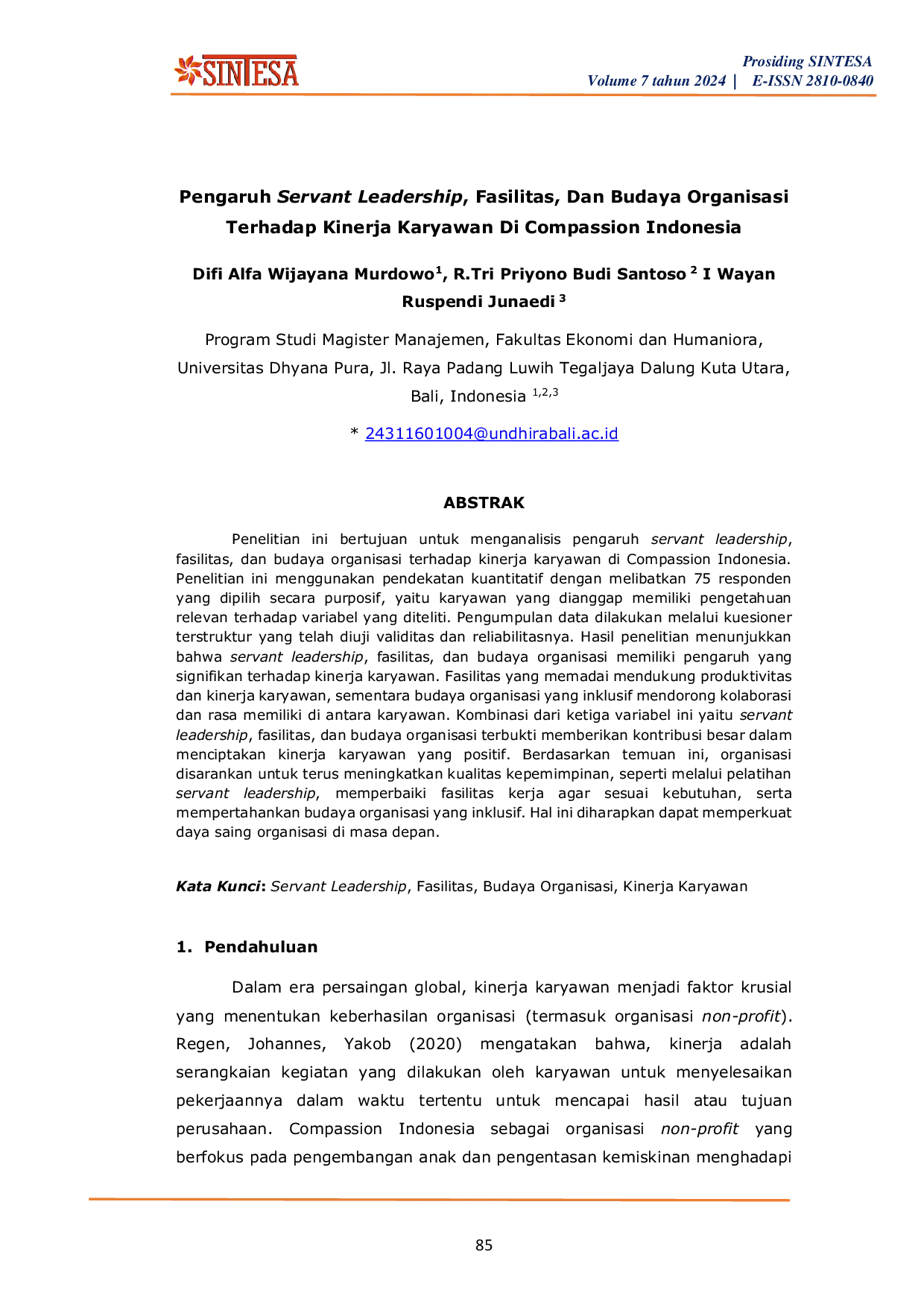 JURIS Pengaruh Servant Leadership Fasilitas Dan Budaya Organisasi Terhadap Kinerja Karyawan Di Compassion Indonesia