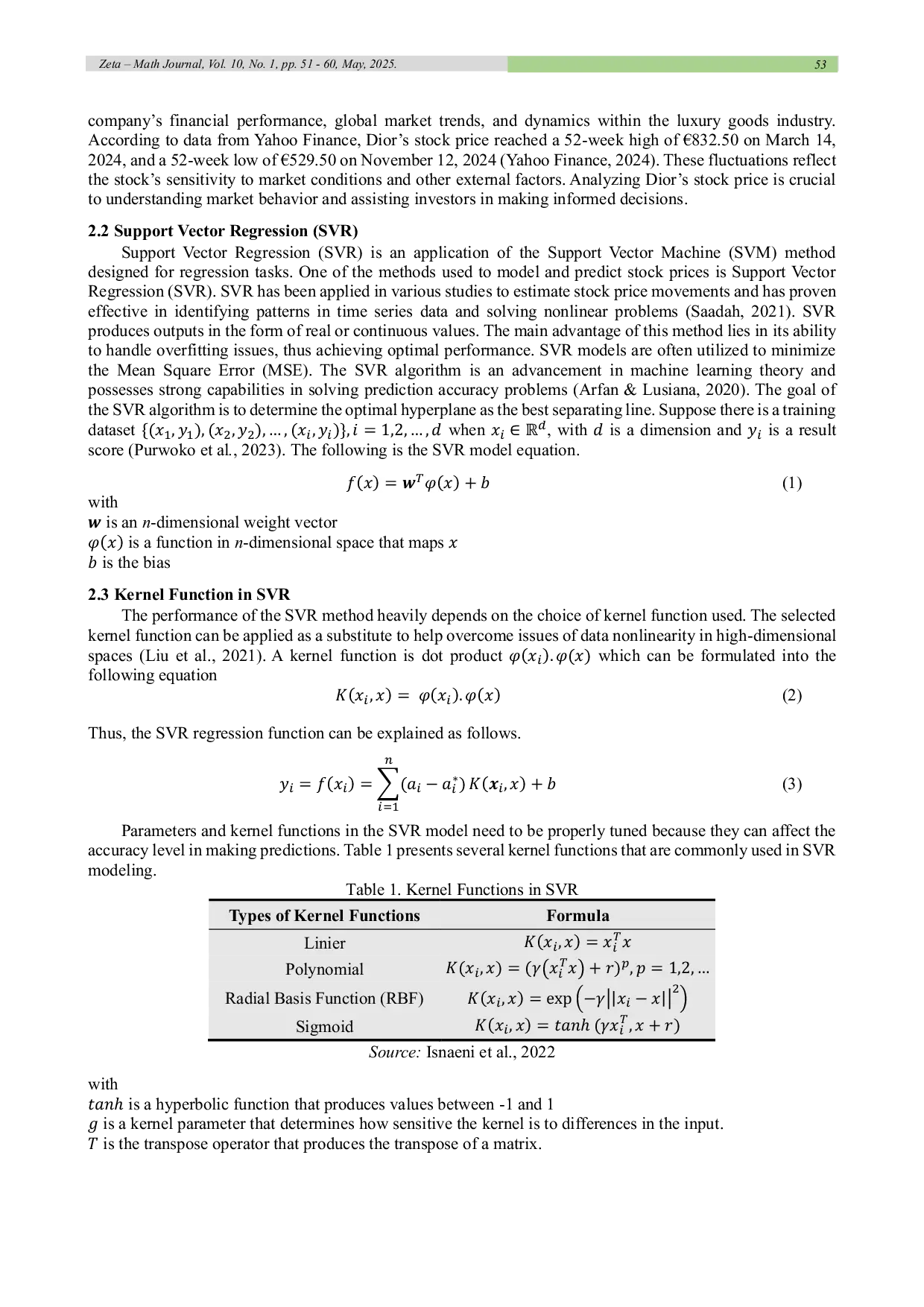 JURIS Application of Support Vector Regression in Time Series Analysis of Dior Stock Prices