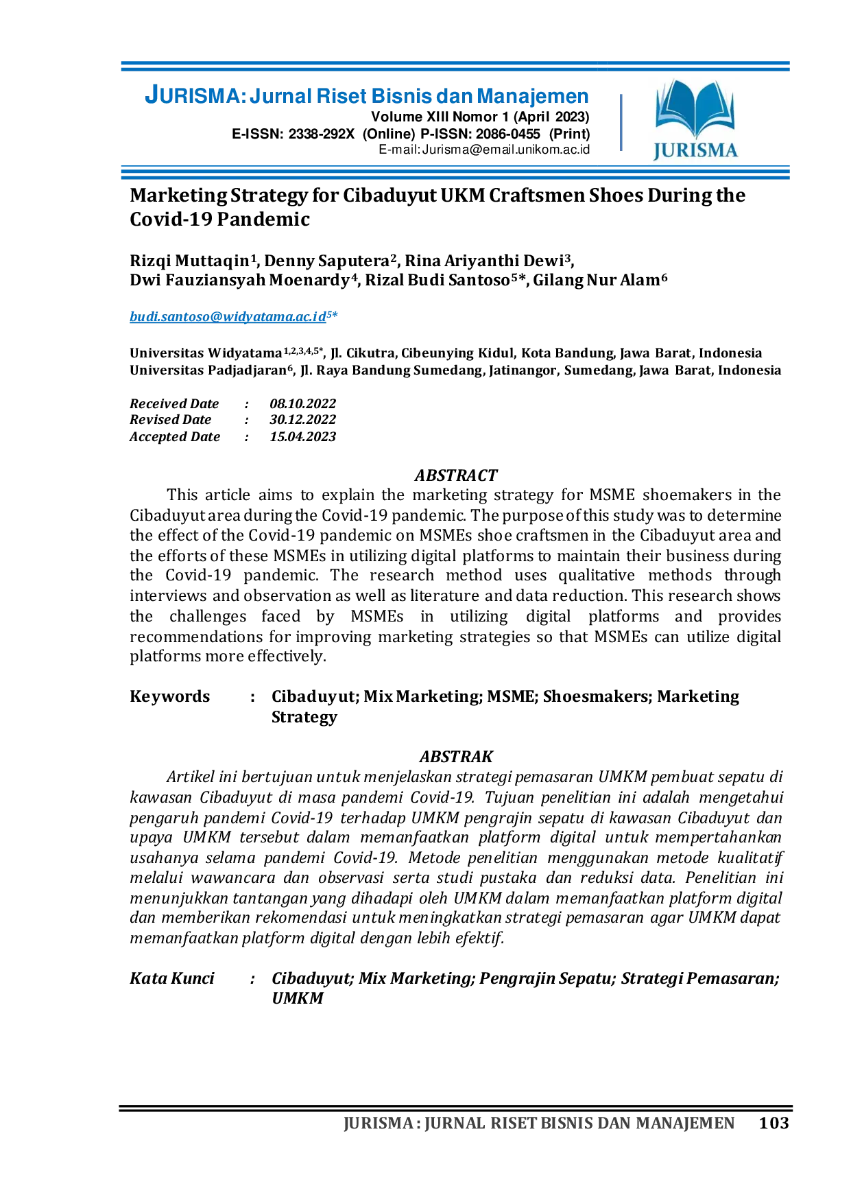 JURIS Marketing Strategy for Cibaduyut UKM Craftsmen Shoes During the Covid 19 Pandemic