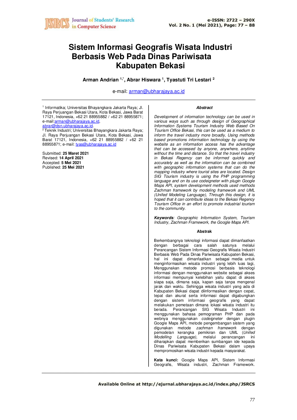 JURIS Sistem Informasi Geografis Wisata Industri Berbasis Web Pada Dinas Pariwisata Kabupaten Bekasi