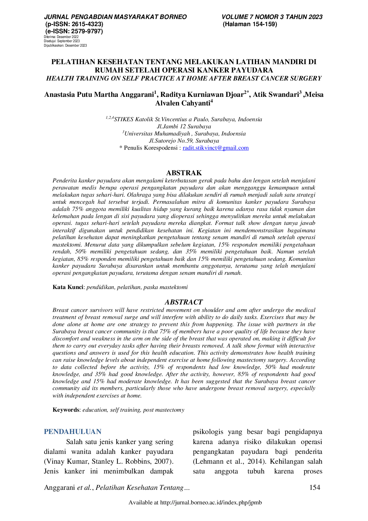 JURIS Pelatihan Kesehatan Tentang Melakukan Latihan Mandiri di Rumah Setelah Operasi Kanker Payudara