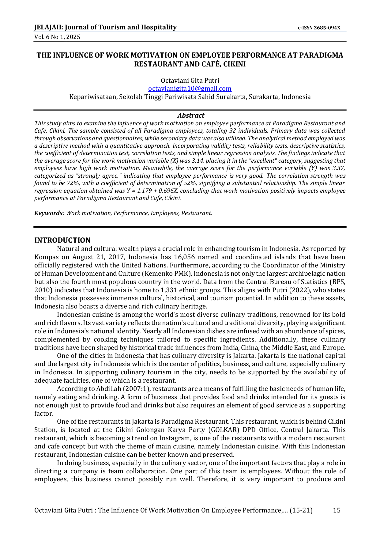 JURIS The Influence Of Work Motivation On Employee Performance At Paradigma Restaurant And Caf Cikini