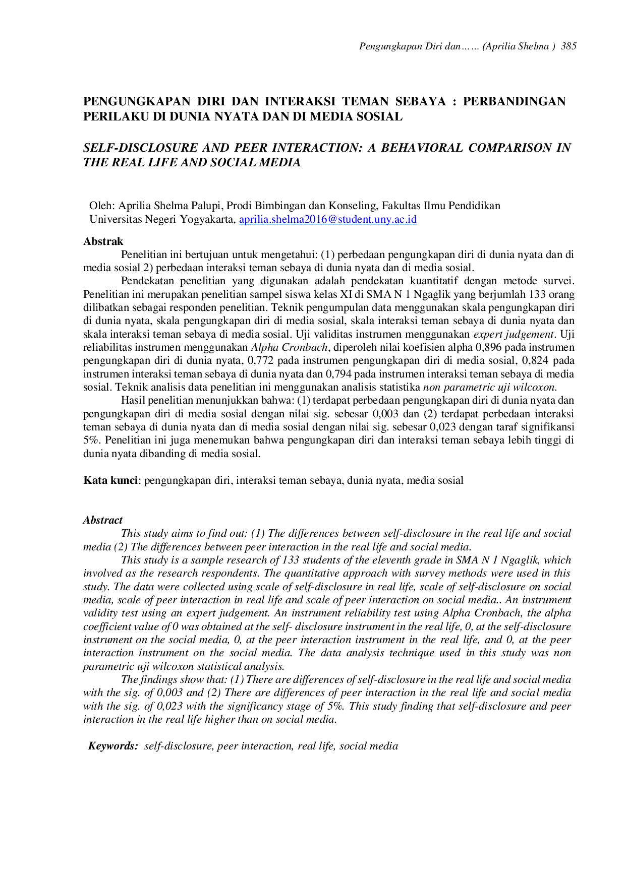 JURIS Pengungkapan Diri Dan Interaksi Teman Sebaya Perbandingan Perilaku Di Dunia Nyata Dan Di Media Sosial