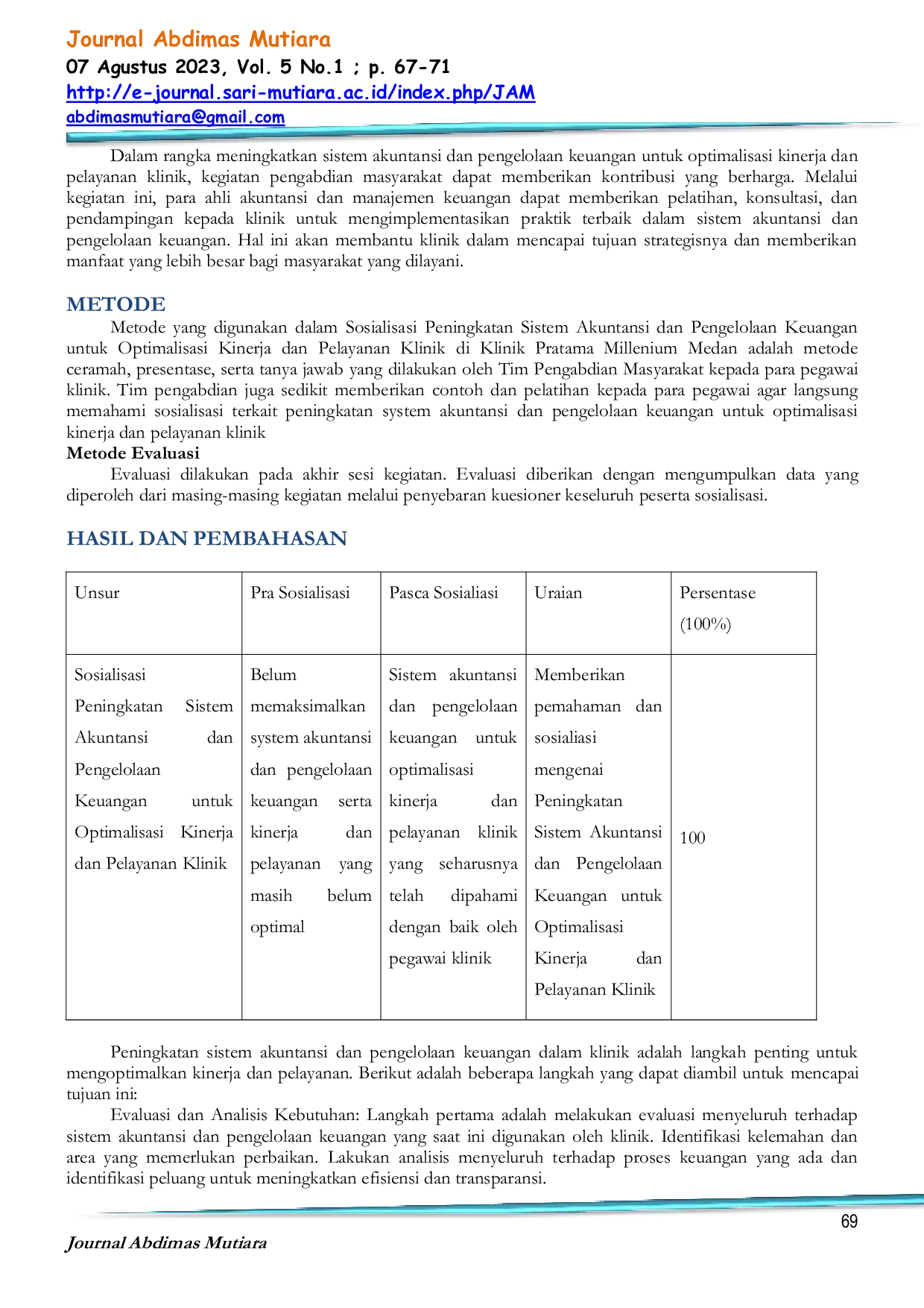 JURIS Peningkatan Sistem Akuntansi dan Pengelolaan Keuangan Untuk Optimalisasi Kinerja dan Pelayanan Klinik Pratama Milenium Medan