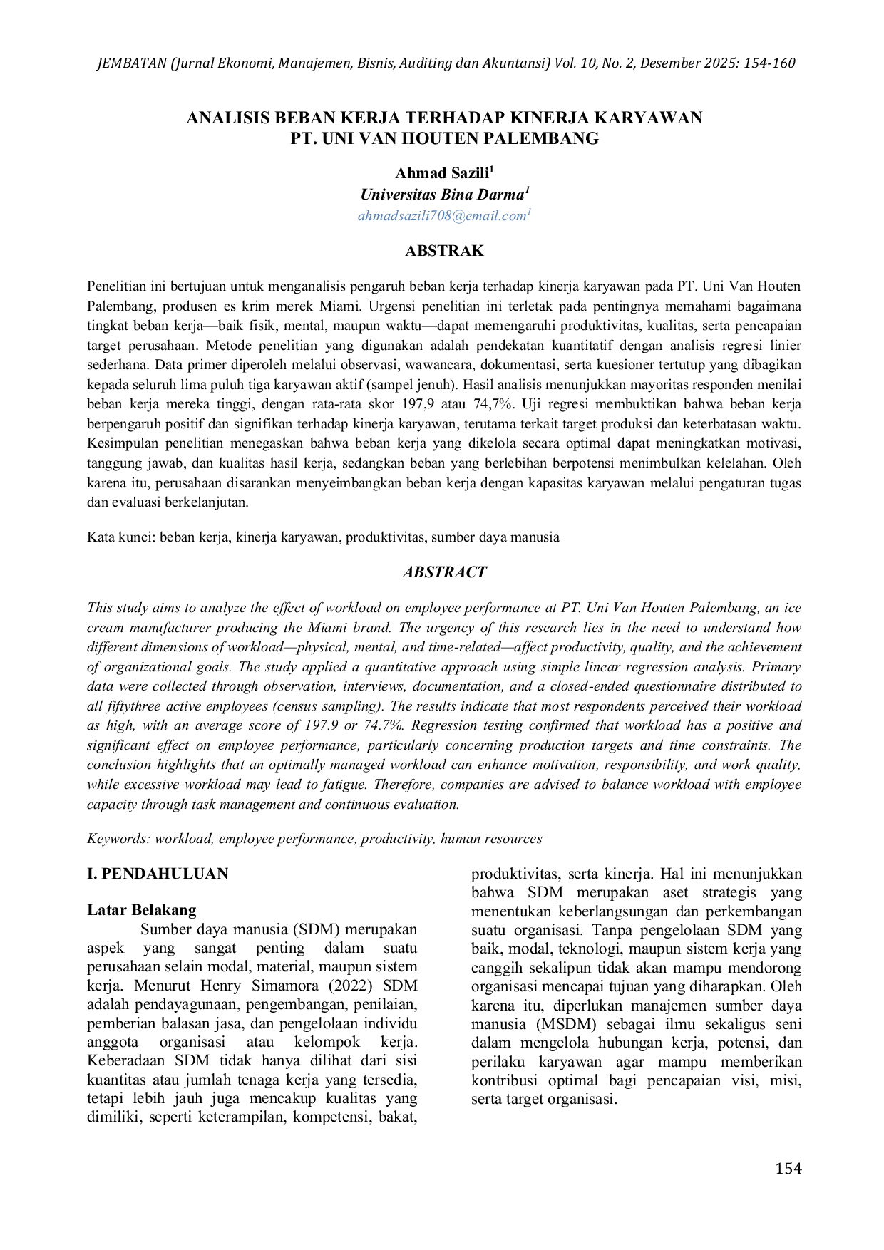 JURIS Analysis of Workload on Employee Performance at PT Uni Van Houten Palembang