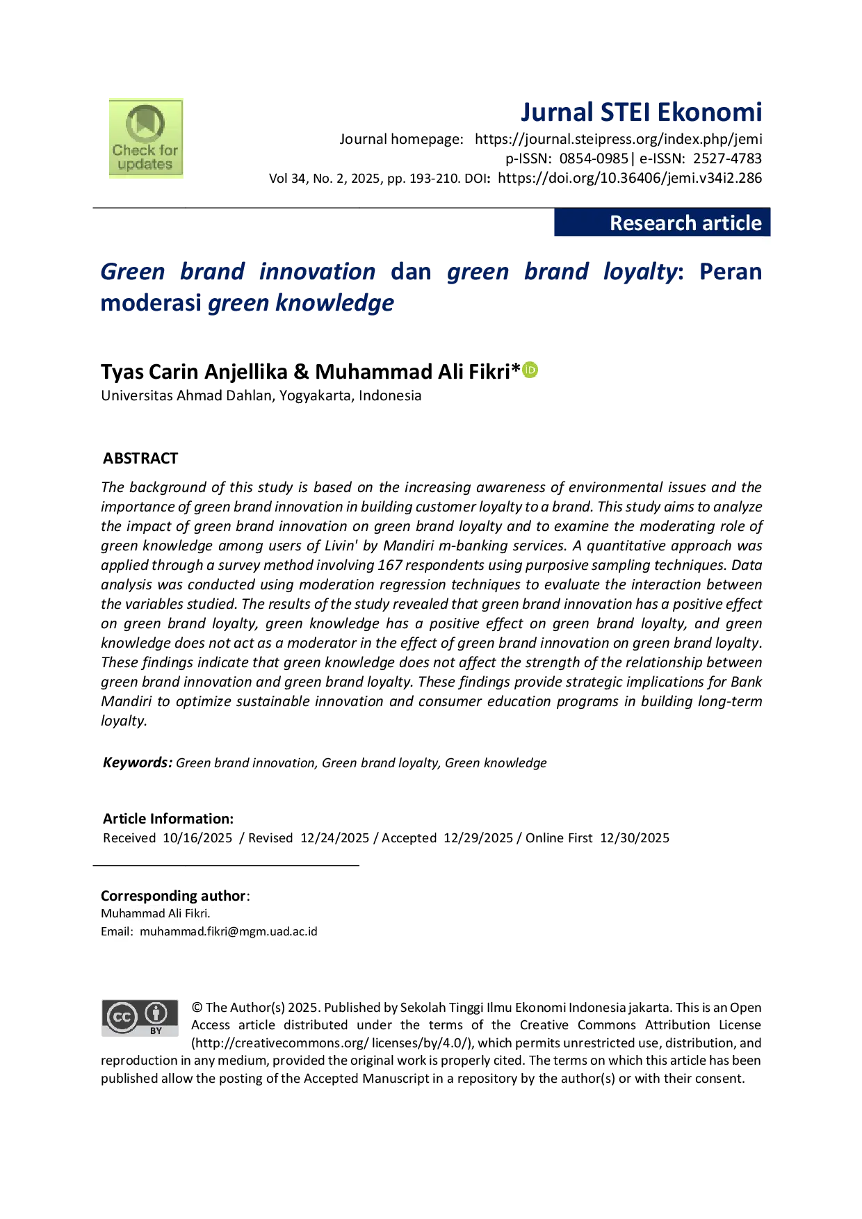 JURIS Green brand innovation dan green brand loyalty Peran moderasi green knowledge