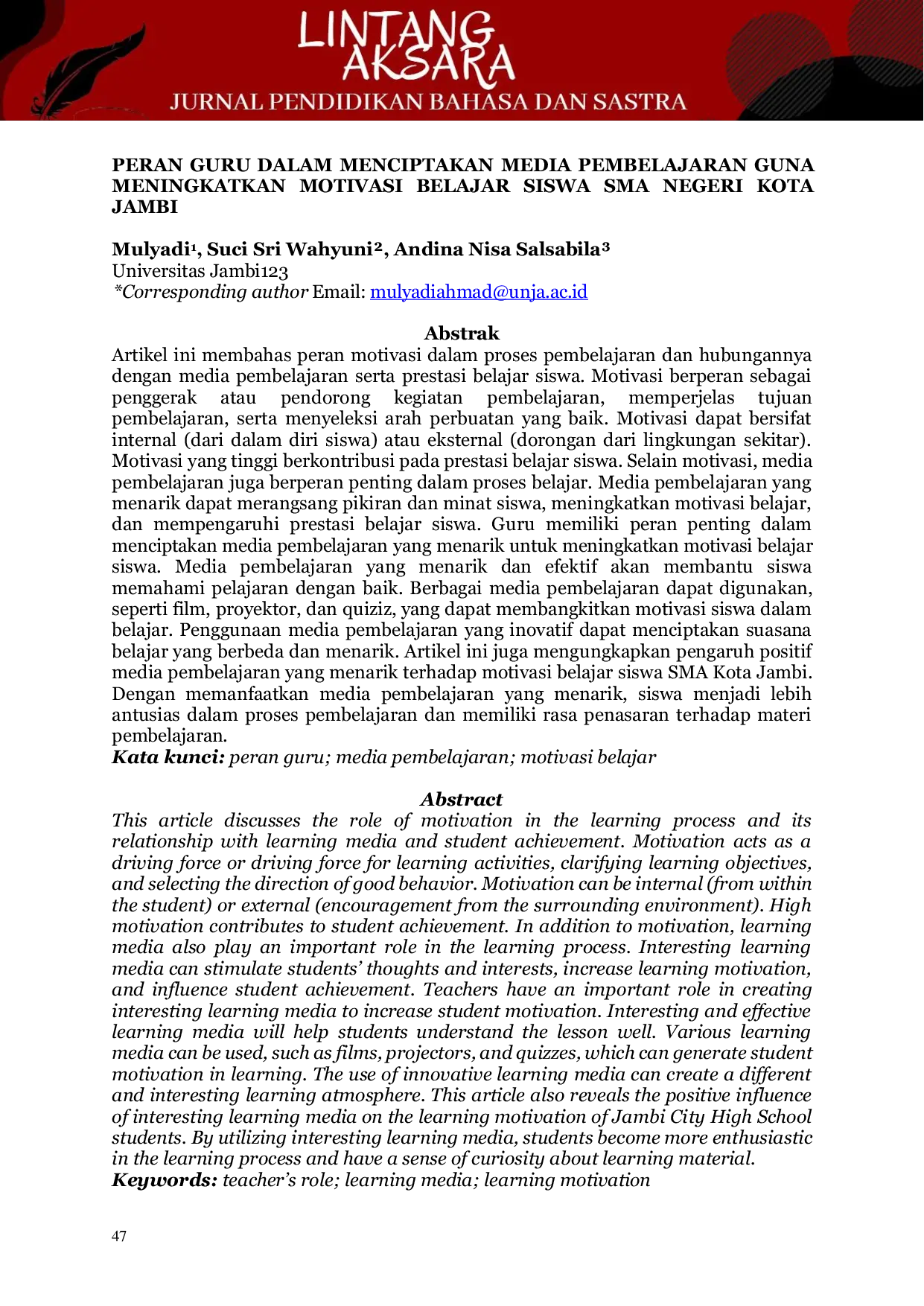 JURIS Peran Guru Dalam Menciptakan Media Pembelajaran Guna Meningkatkan Motivasi Belajar Siswa Sma Negeri Kota Jambi