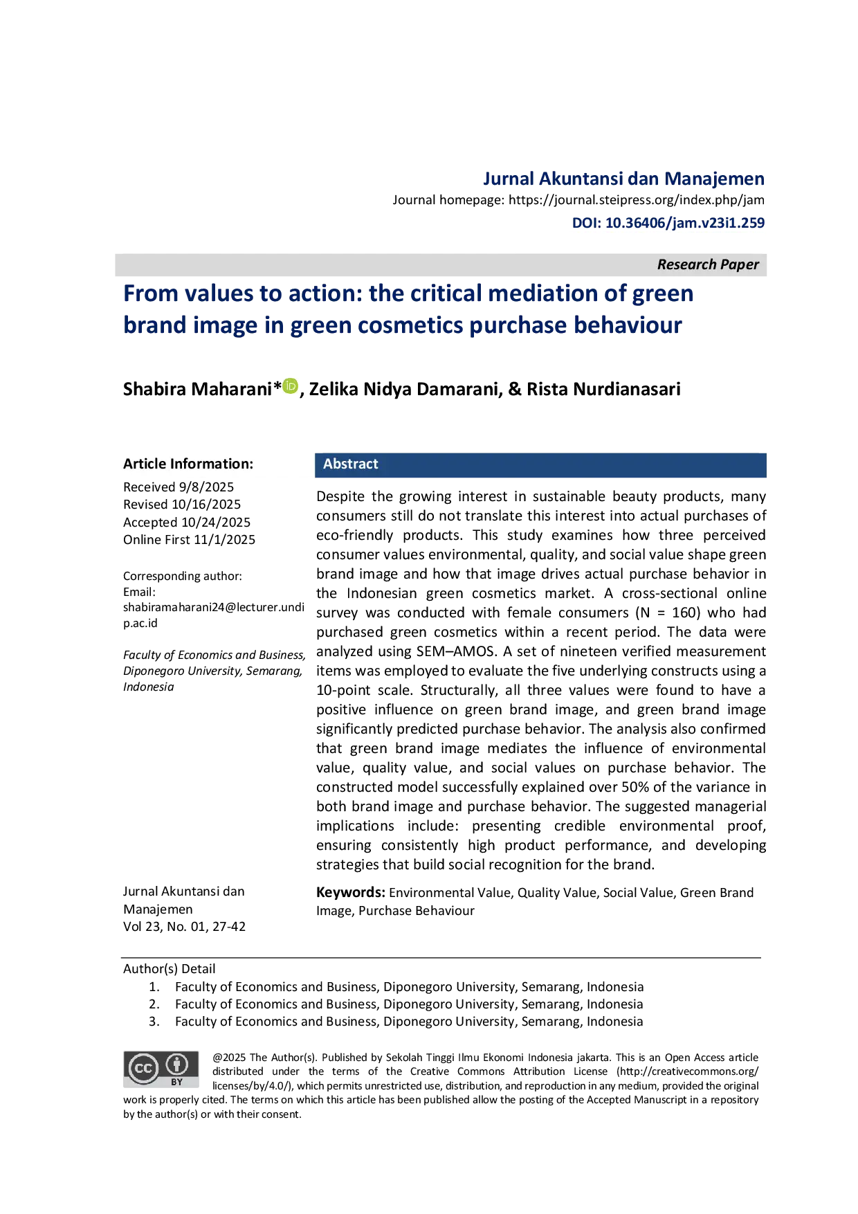 JURIS From values to action the critical mediation of green brand image in green cosmetics purchase behaviour