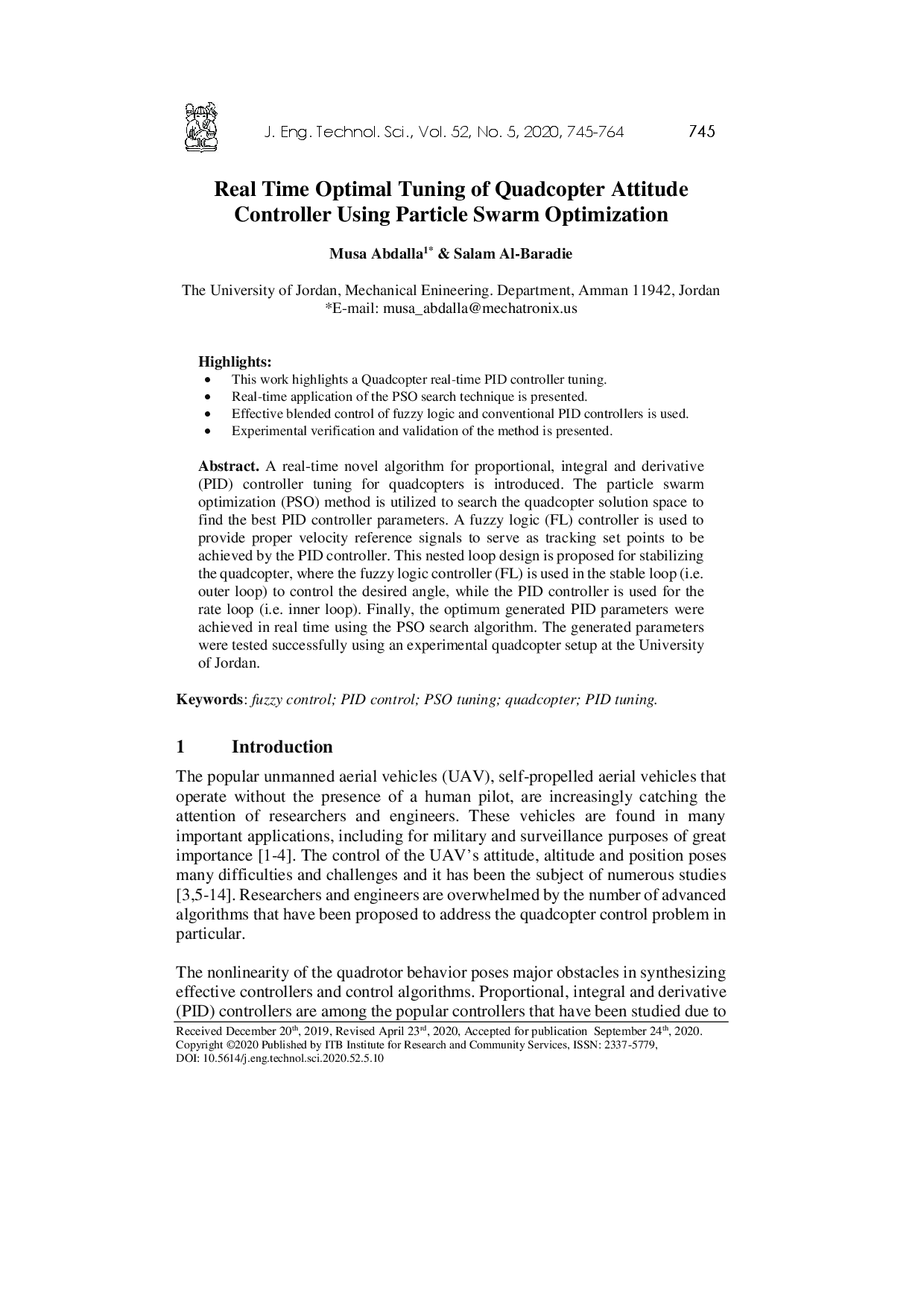 juris Real Time Optimal Tuning of Quadcopter Attitude Controller Using Particle Swarm Optimization