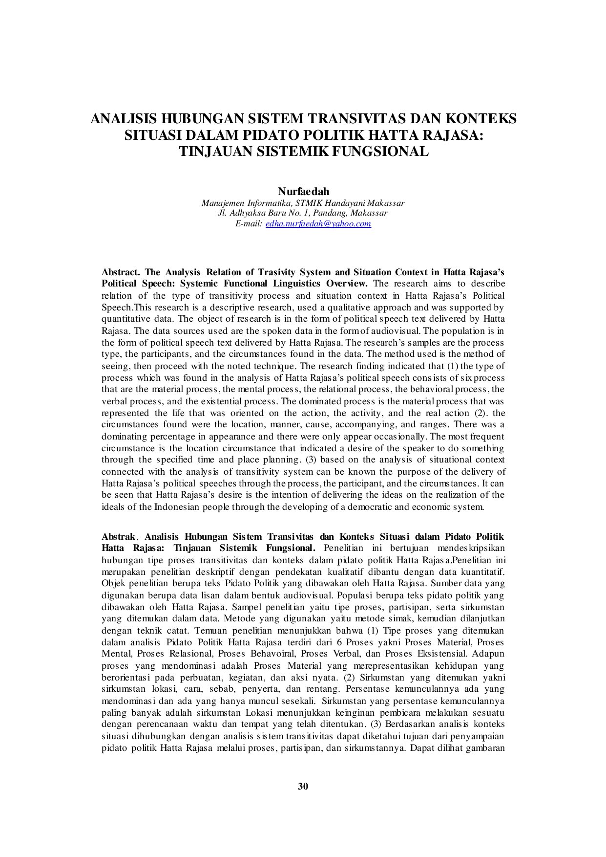 JURIS Analisis Hubungan Sistem Transivitas dan Konteks Situasi dalam Pidato Politik Hatta Rajasa Tinjauan Sistemik Fungsional