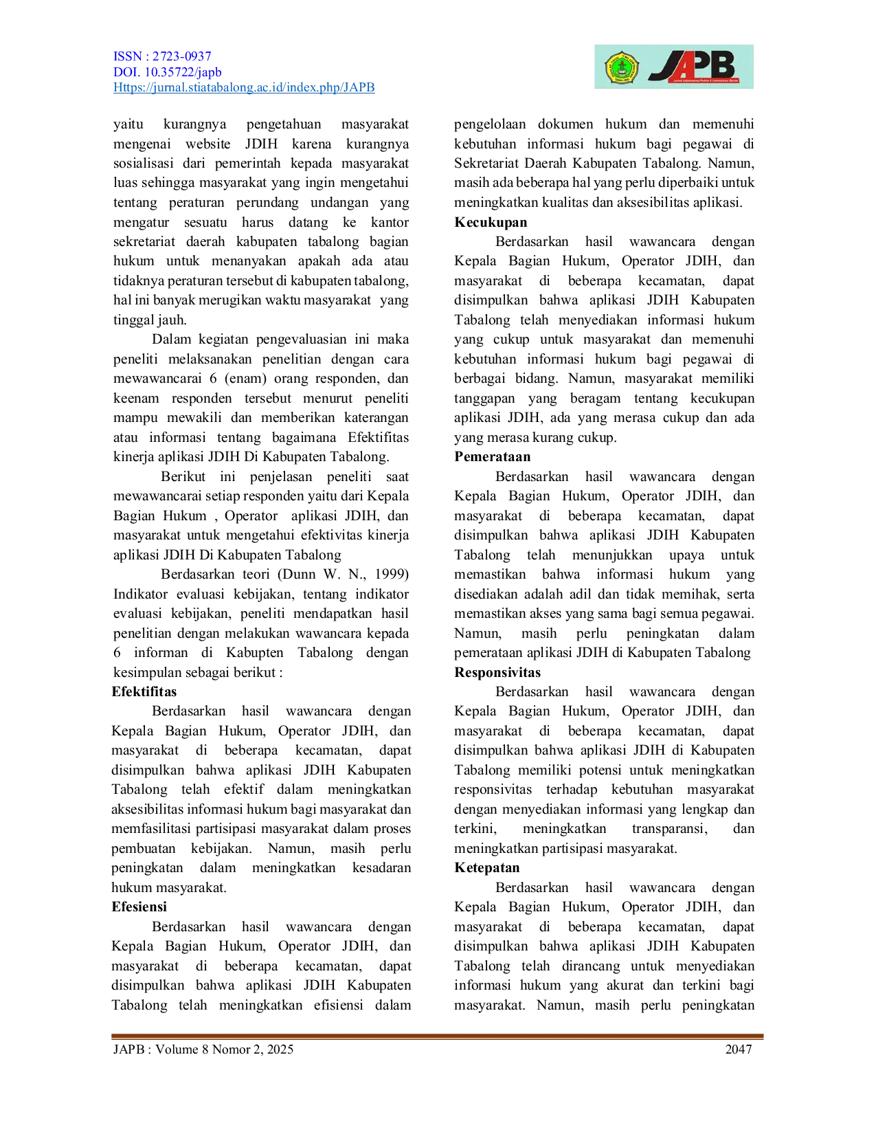 JURIS Evaluasi Pengelolaan Jaringan Dokumentasi Dan Informasi Hukum Di Sekretariat Daerah Kabupaten Tabalong