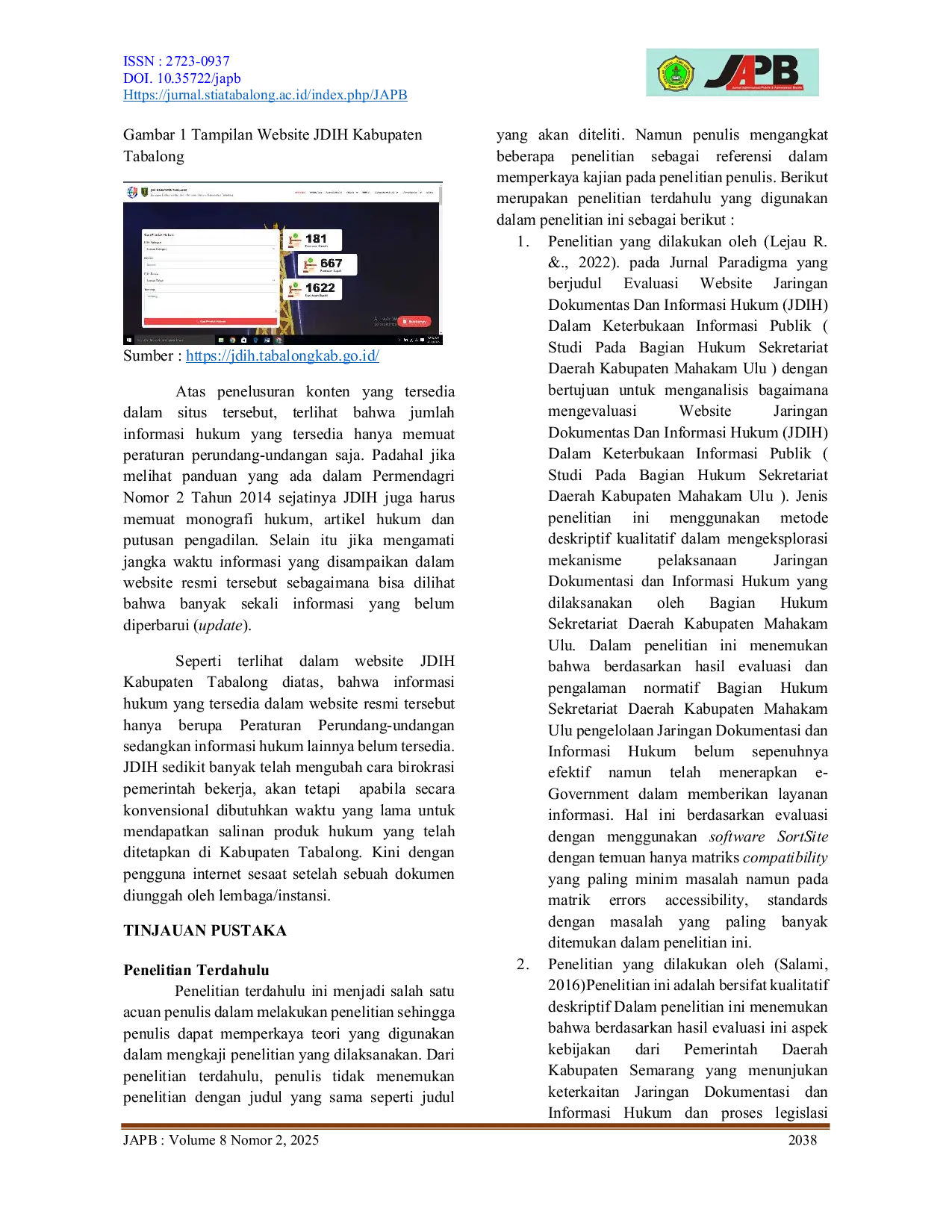 JURIS Evaluasi Pengelolaan Jaringan Dokumentasi Dan Informasi Hukum Di Sekretariat Daerah Kabupaten Tabalong