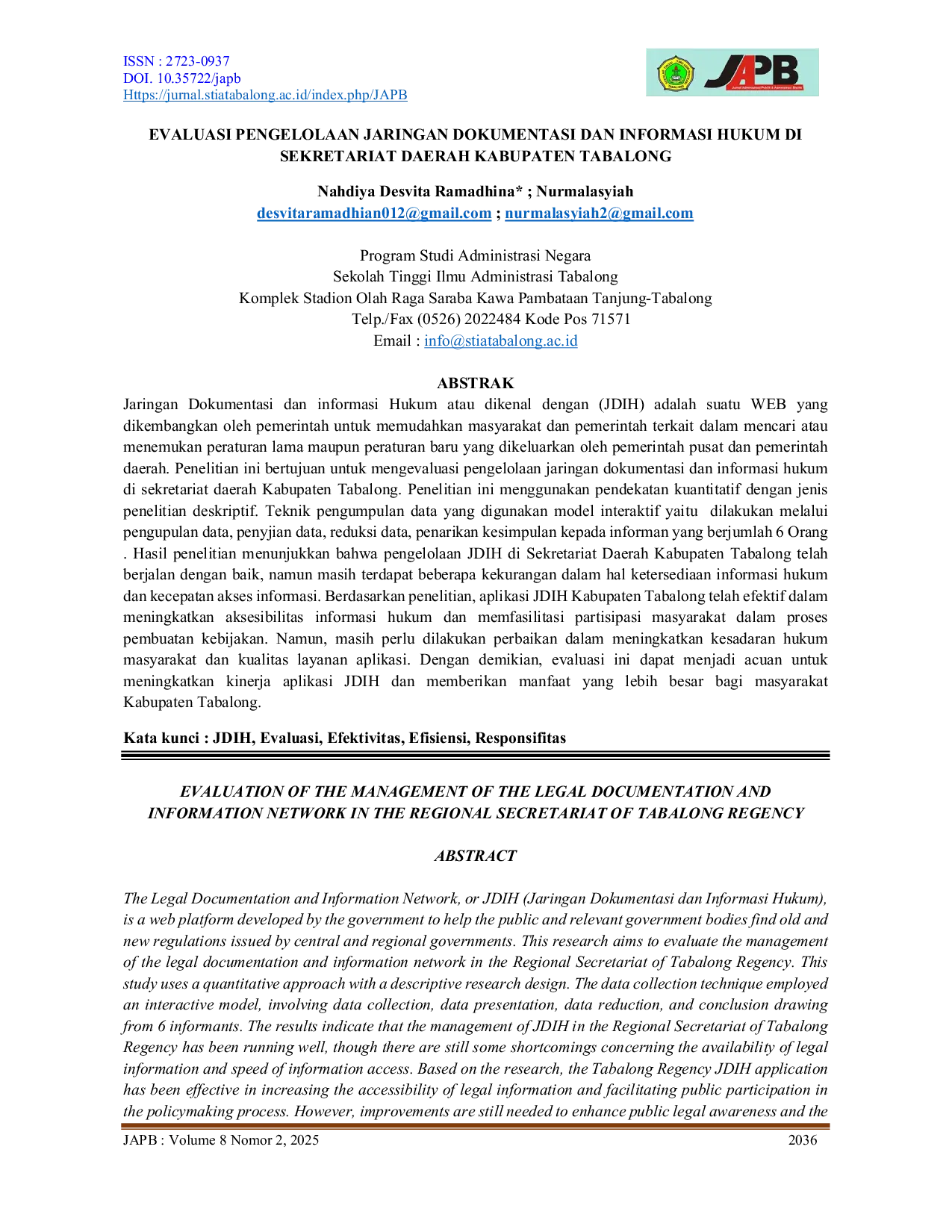 JURIS Evaluasi Pengelolaan Jaringan Dokumentasi Dan Informasi Hukum Di Sekretariat Daerah Kabupaten Tabalong