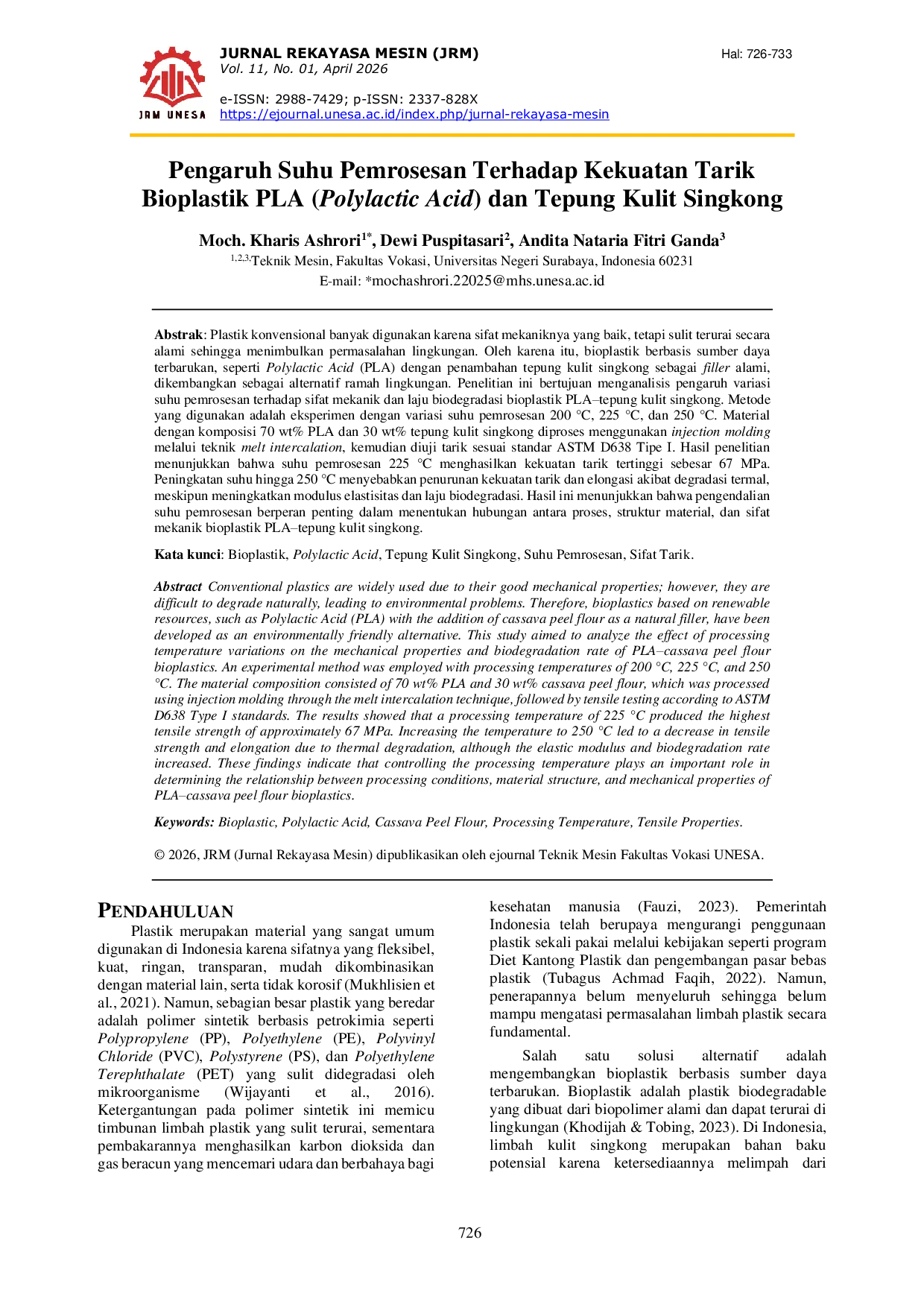 JURIS Effect of Processing Temperature on the Tensile Strength of PLA Polylactic Acid Bioplastic and Cassava Peel Flour Bioplastics