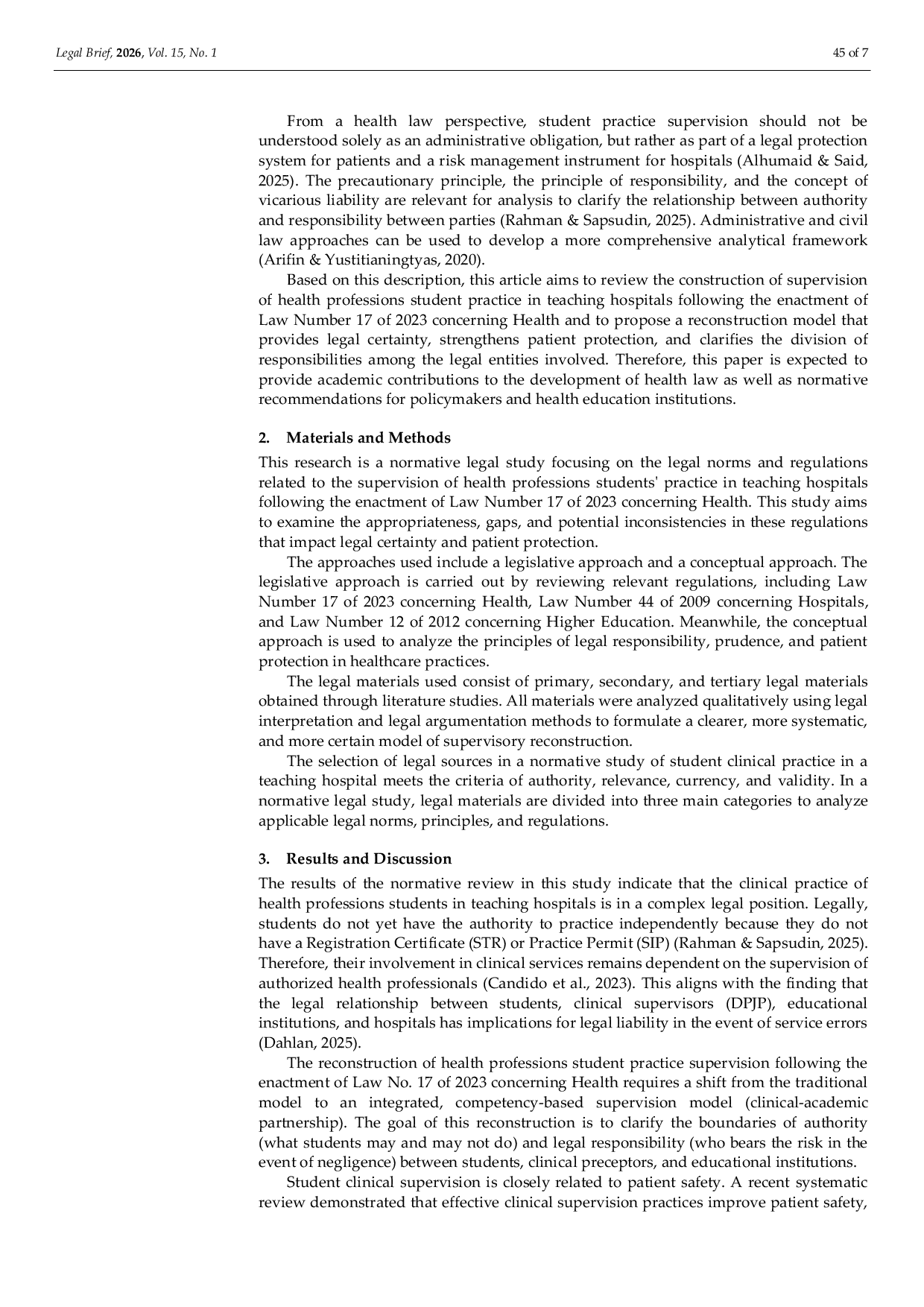 JURIS Reconstruction of Supervision of Health Profession Student Practice in Teaching Hospitals Following the Enactment of Law Number 17 of 2023 Concerning Health