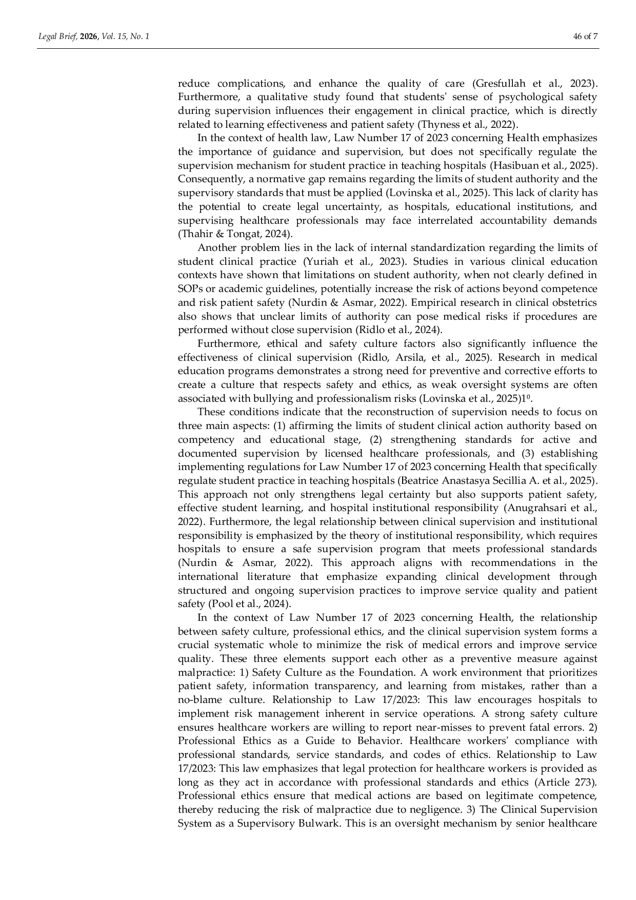 JURIS Reconstruction of Supervision of Health Profession Student Practice in Teaching Hospitals Following the Enactment of Law Number 17 of 2023 Concerning Health