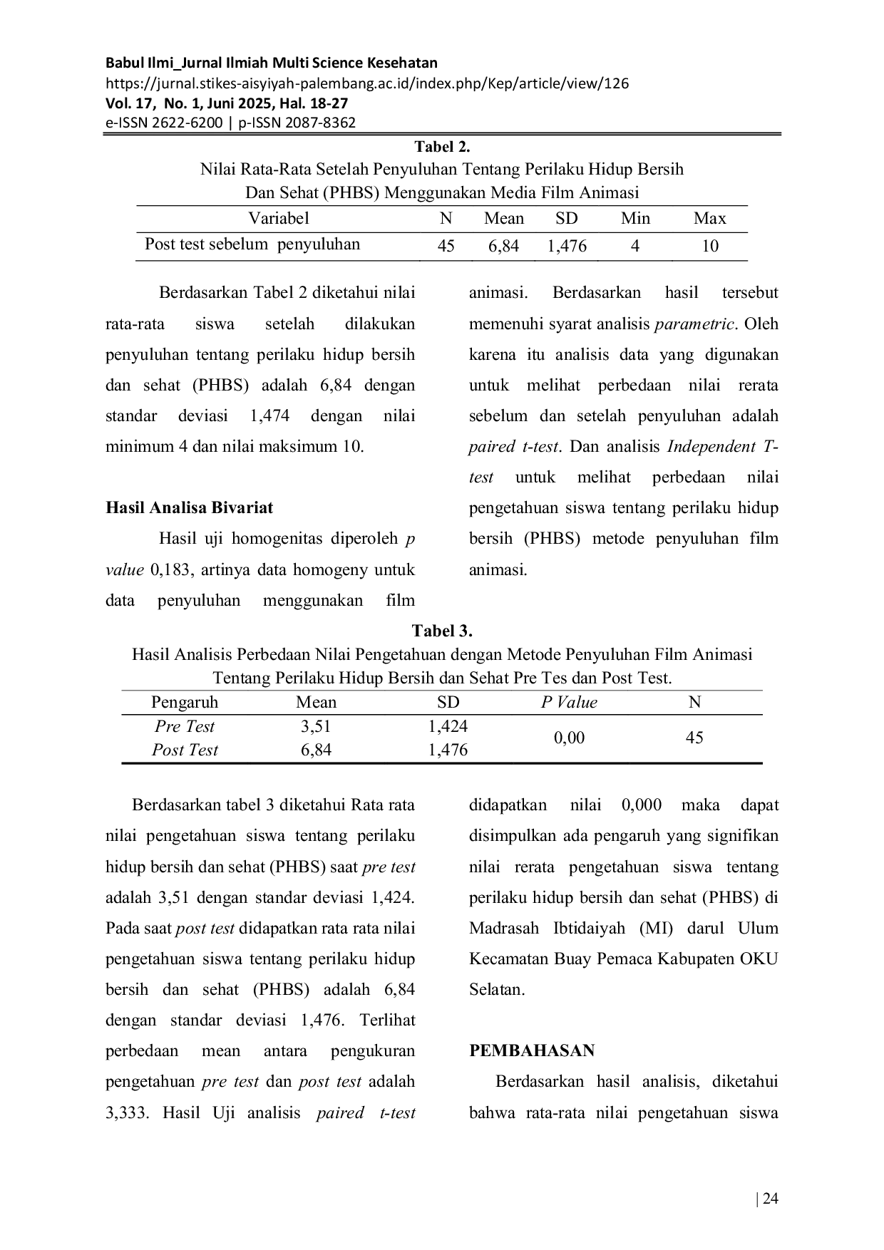 JURIS Pengaruh Penyuluhan Kesehatan Menggunakan Media Film Animasi Terhadap Pengetahuan Perilaku Hidup Bersih Dan Sehat