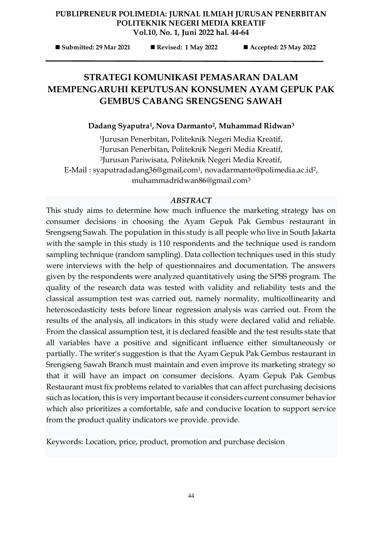 JURIS Strategi Komunikasi Pemasaran Dalam Mempengaruhi Keputusan Konsumen Ayam Gepuk Pak Gembus Cabang Srengseng Sawah