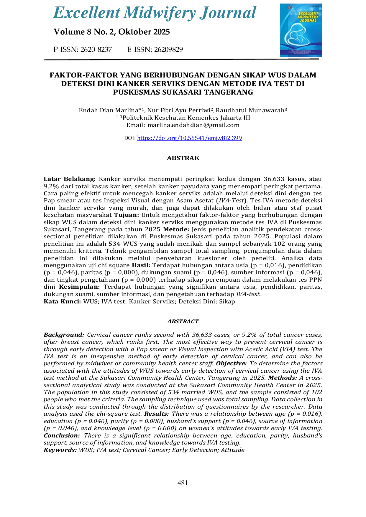 JURIS Faktor Faktor Yang Berhubungan Dengan Sikap Wus Dalam Deteksi Dini Kanker Serviks Dengan Metode Iva Test Di Puskesmas Sukasari Tangerang