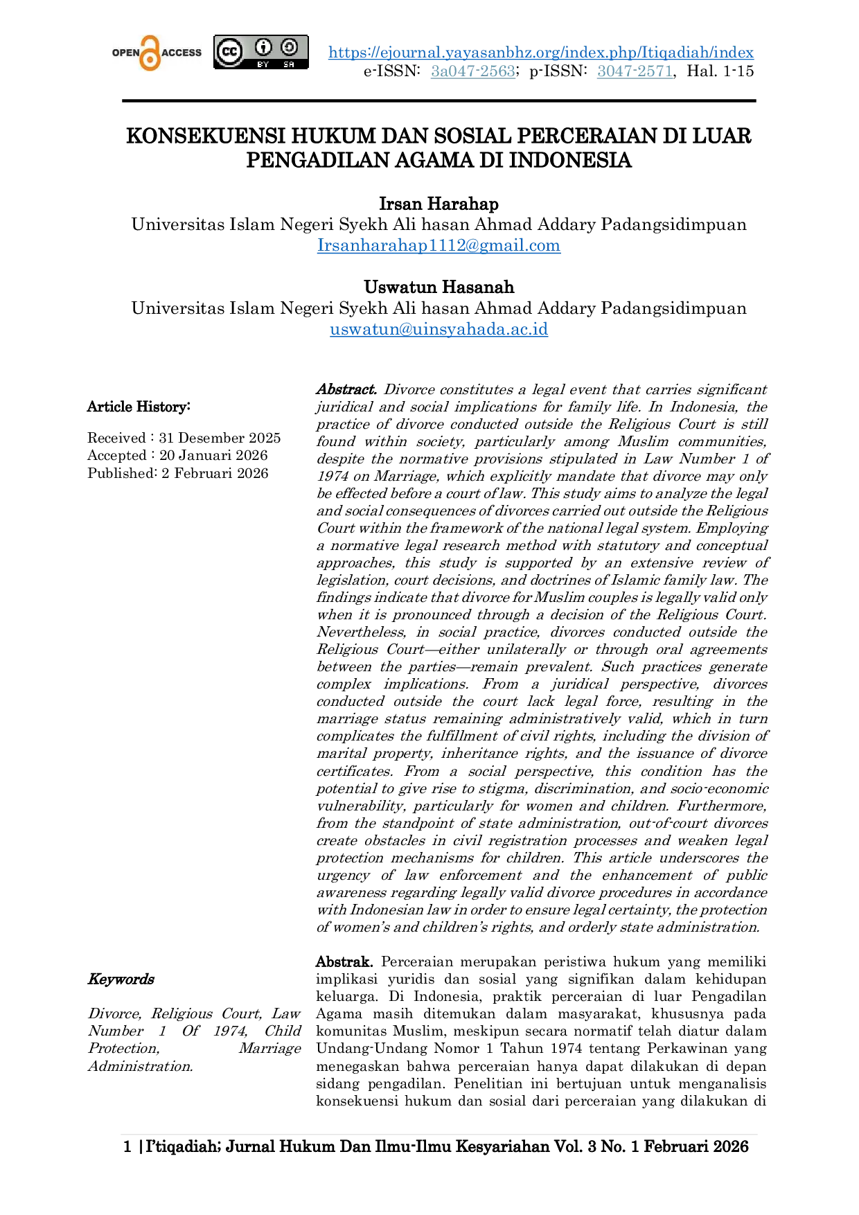 JURIS Konsekuensi Hukum Dan Sosial Perceraian Di Luar Pengadilan Agama Di Indonesia