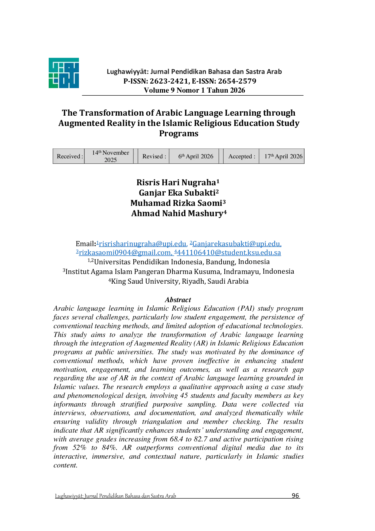 JURIS The Transformation Of Arabic Language Learning Through Augmented Reality In The Islamic Religious Education Study Programs