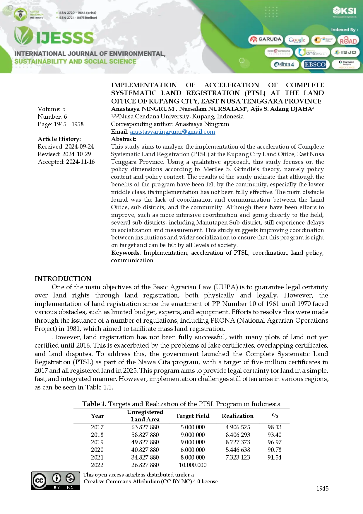 juris Implementation of Acceleration of Complete Systematic Land Registration PTSL at the Land Office of Kupang City East Nusa Tenggara Province