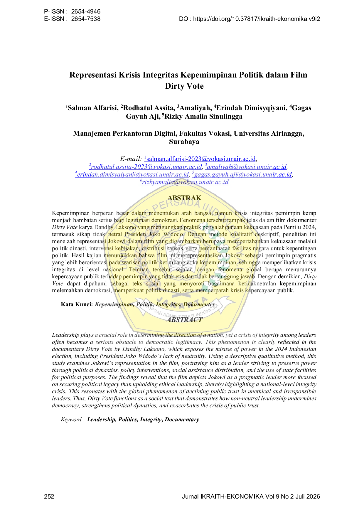 JURIS Representasi Krisis Integritas Kepemimpinan Politik dalam Film Dirty Vote