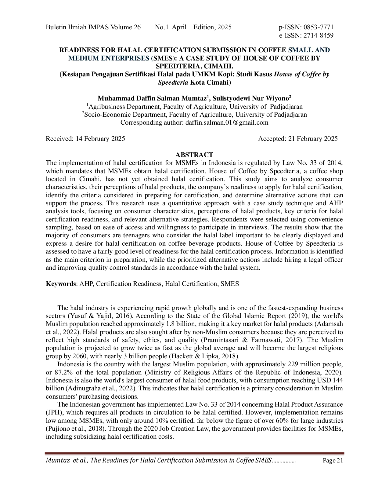 JURIS Readiness For Halal Certification Submission In Coffee Small And Medium Enterprises SMEs A Case Study Of House Of Coffee By Speedteria Cimahi